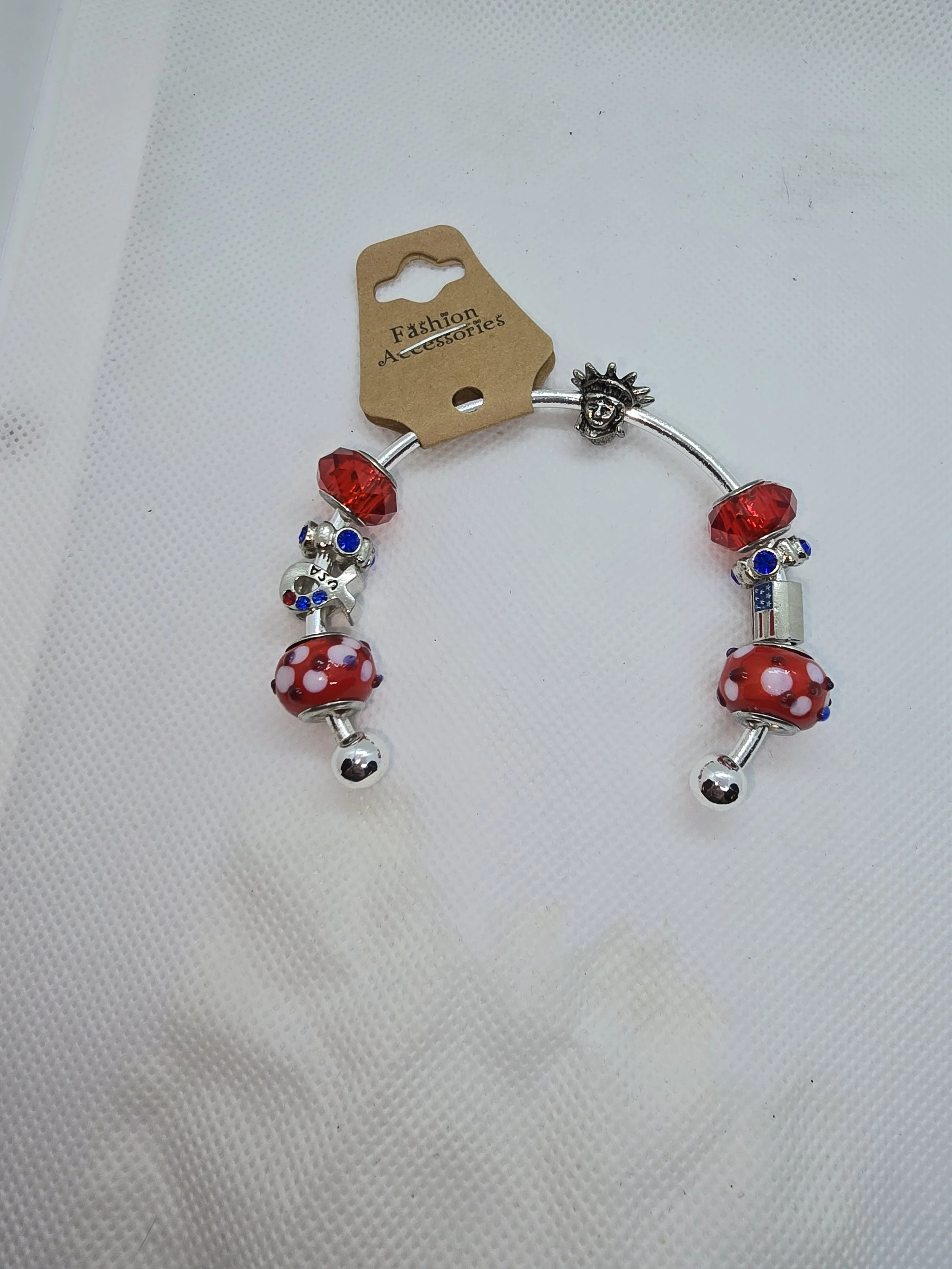 Red, Blue & Silver Beaded Bangle Bracelet