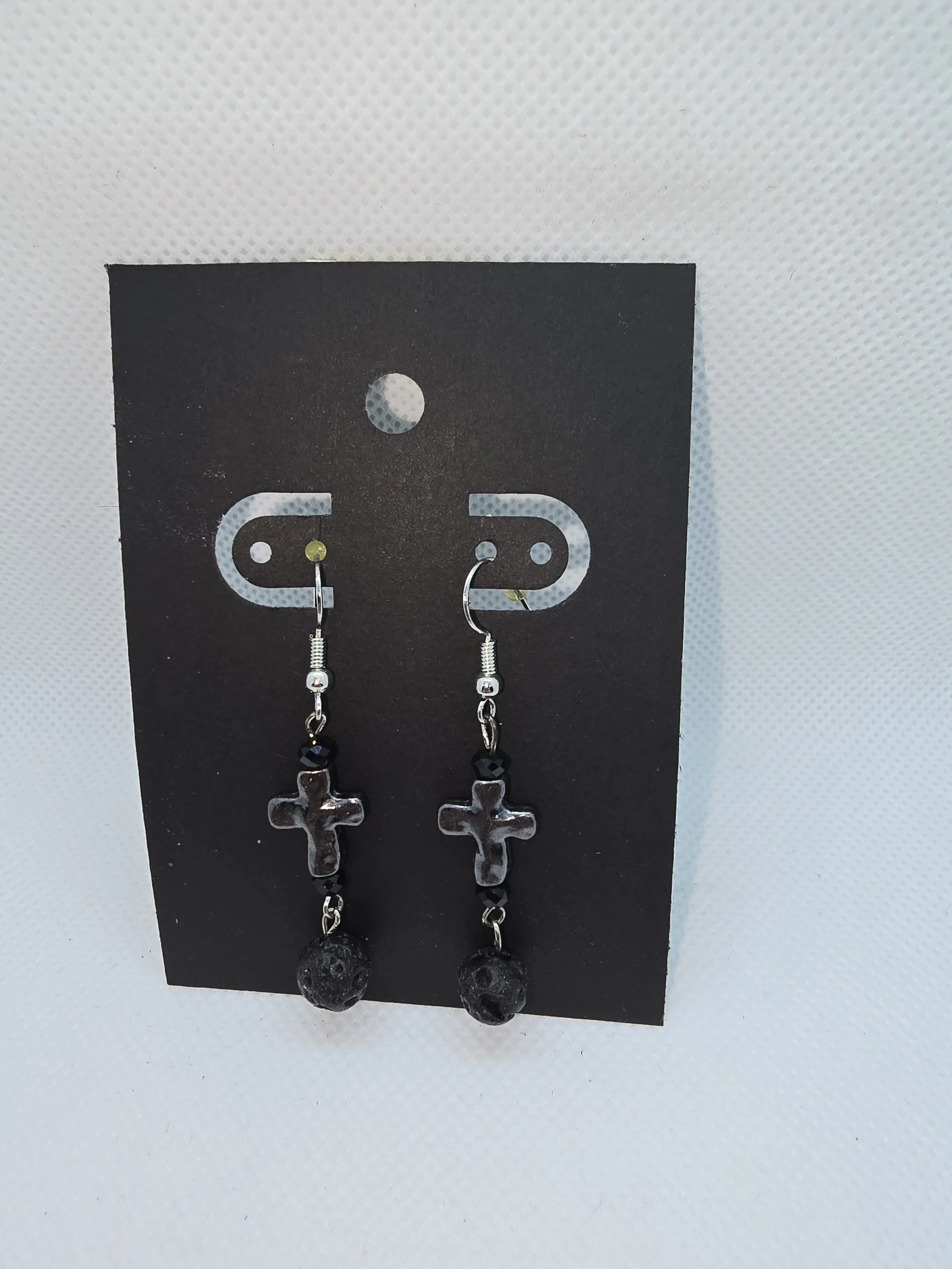 Black Cross with Black Lava Rock Dangling Earrings