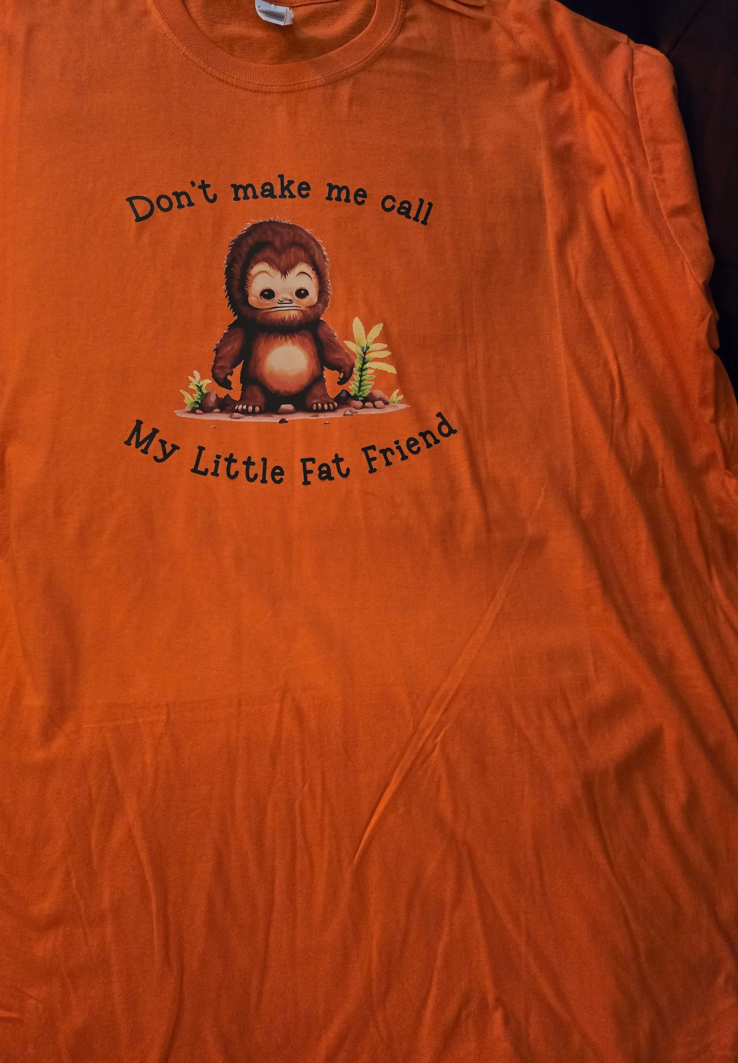 Orange T-shirt with a cartoon image of a cute, chubby creature with big eyes, a furry head, and paws, sitting on the ground with small plants on either side. Above the creature, it says 'Don't make me call', and below, it says 'My Little Fat Friend' 