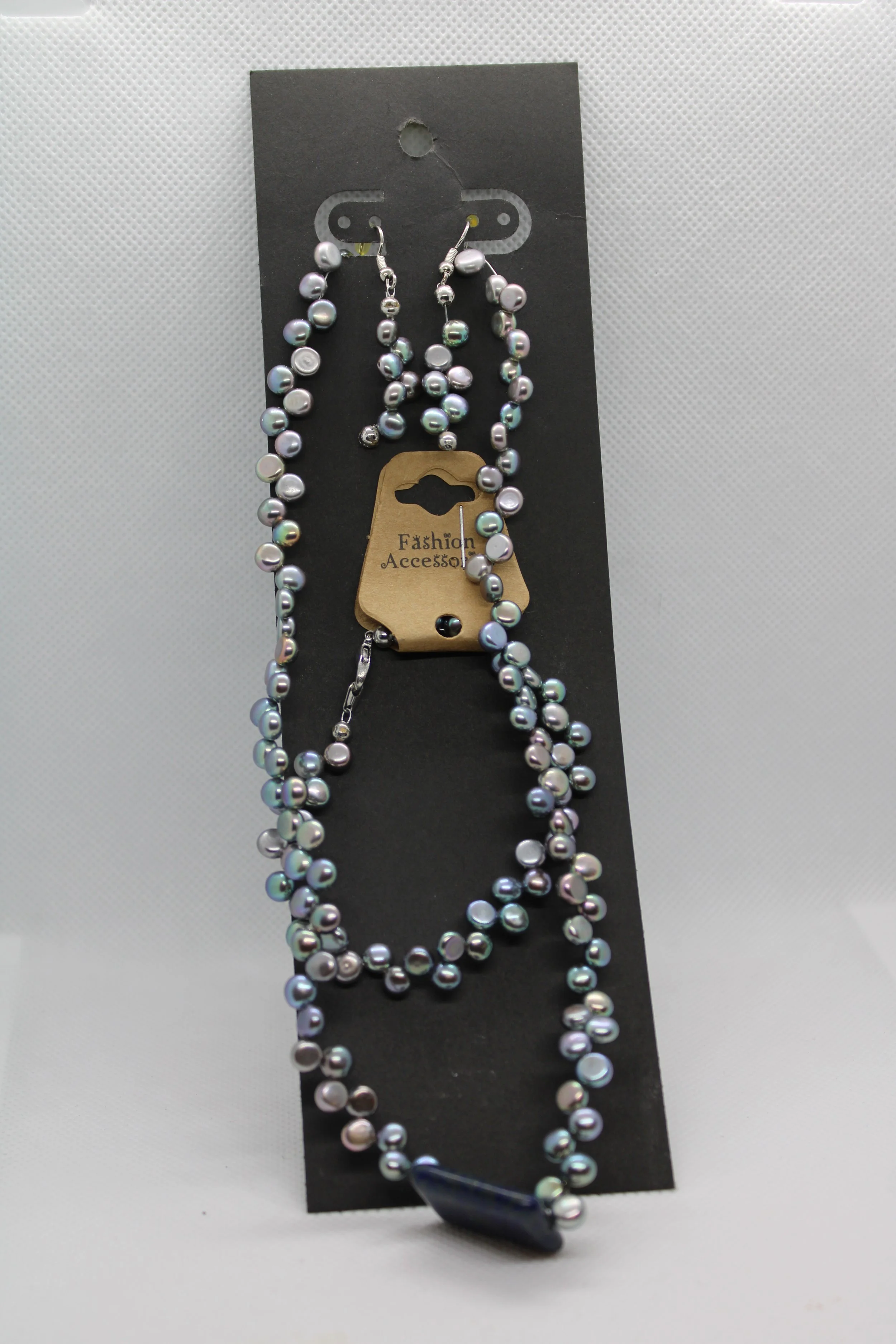 Gray Pearl with Blue Stone Necklace, Earrings, & Bracelet Set