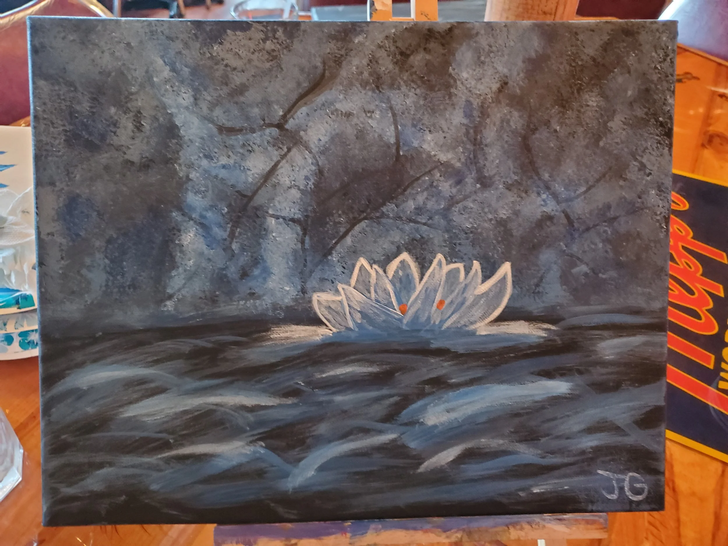A painting of a white water lily floating on dark water, with a cloudy, textured gray sky in the background.