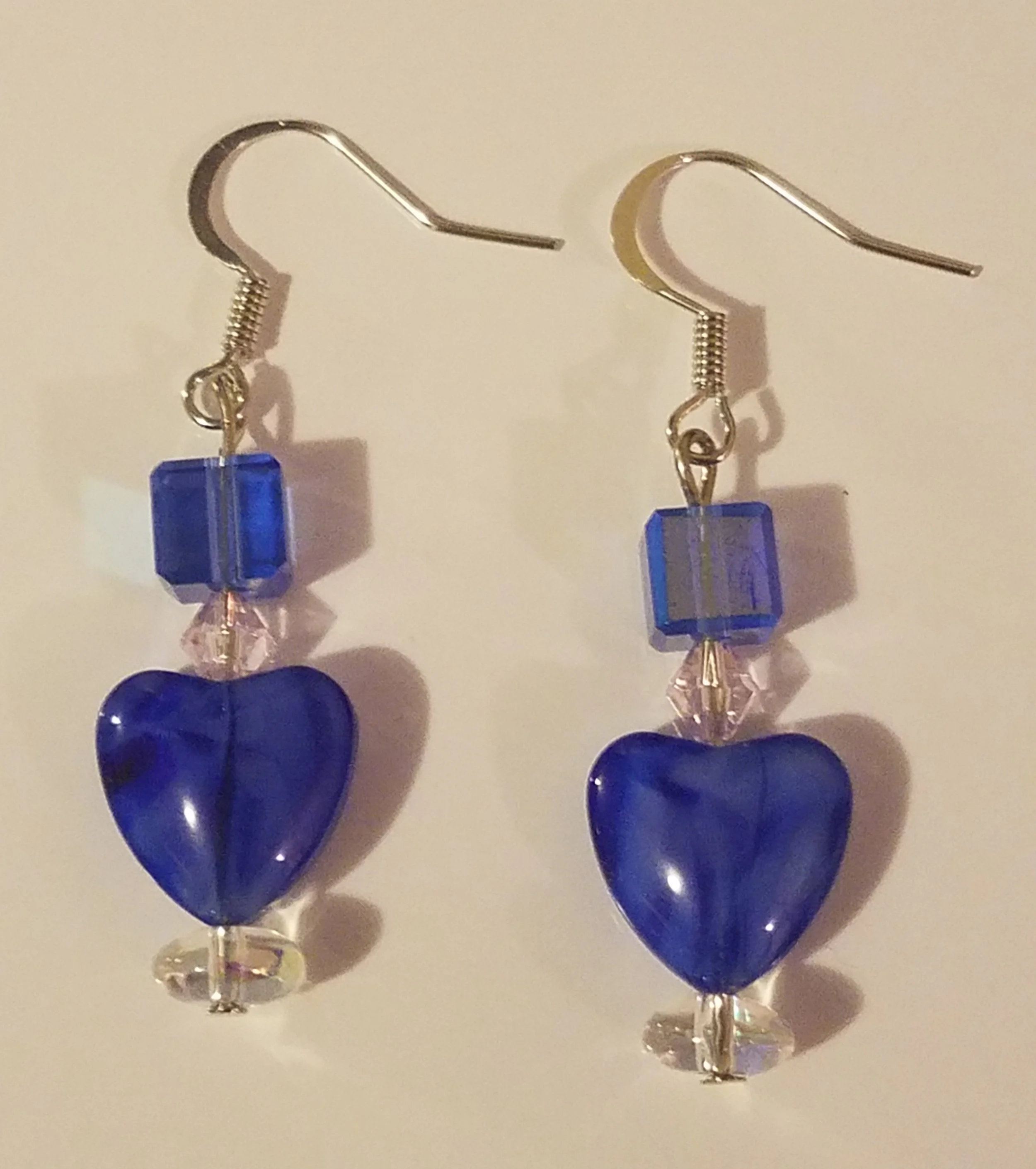 Blue heart and cube earrings with small beads on hooks