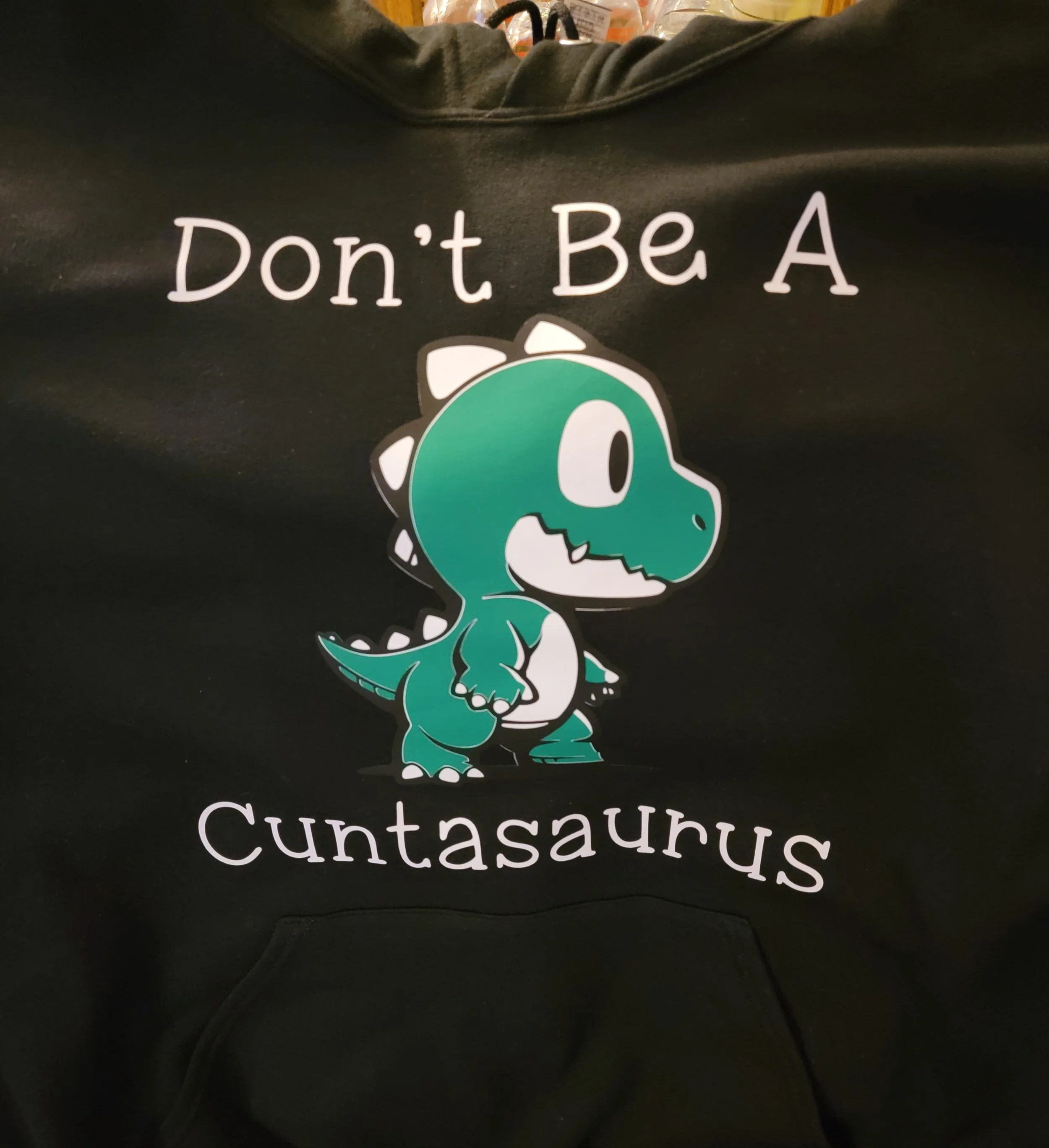 A black hoodie with a cartoon dinosaur and the humorous phrase "Don't Be A Cuntasaurus" printed on it.