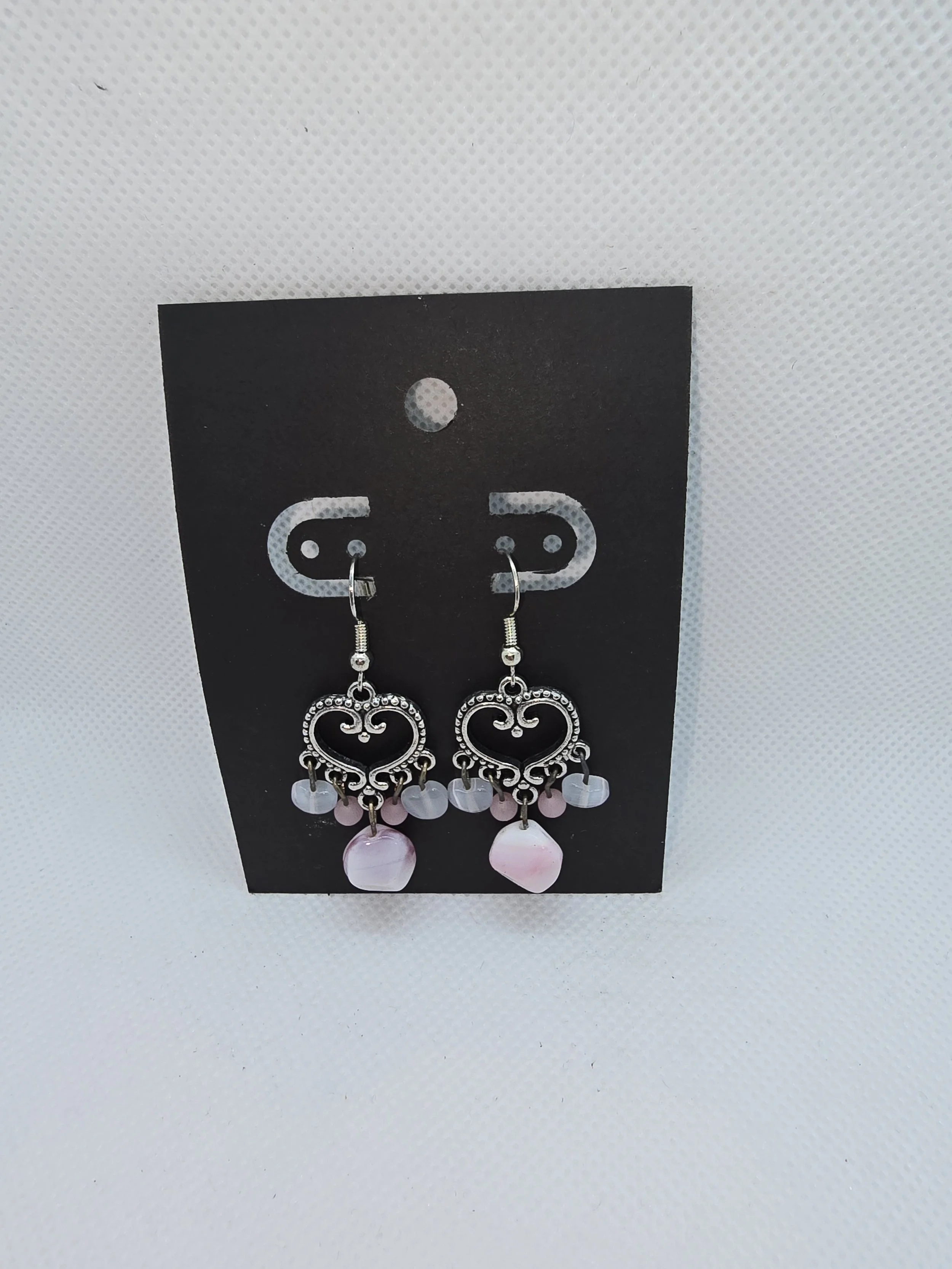 Silver Heart With Pink Stone Dangling Earrings