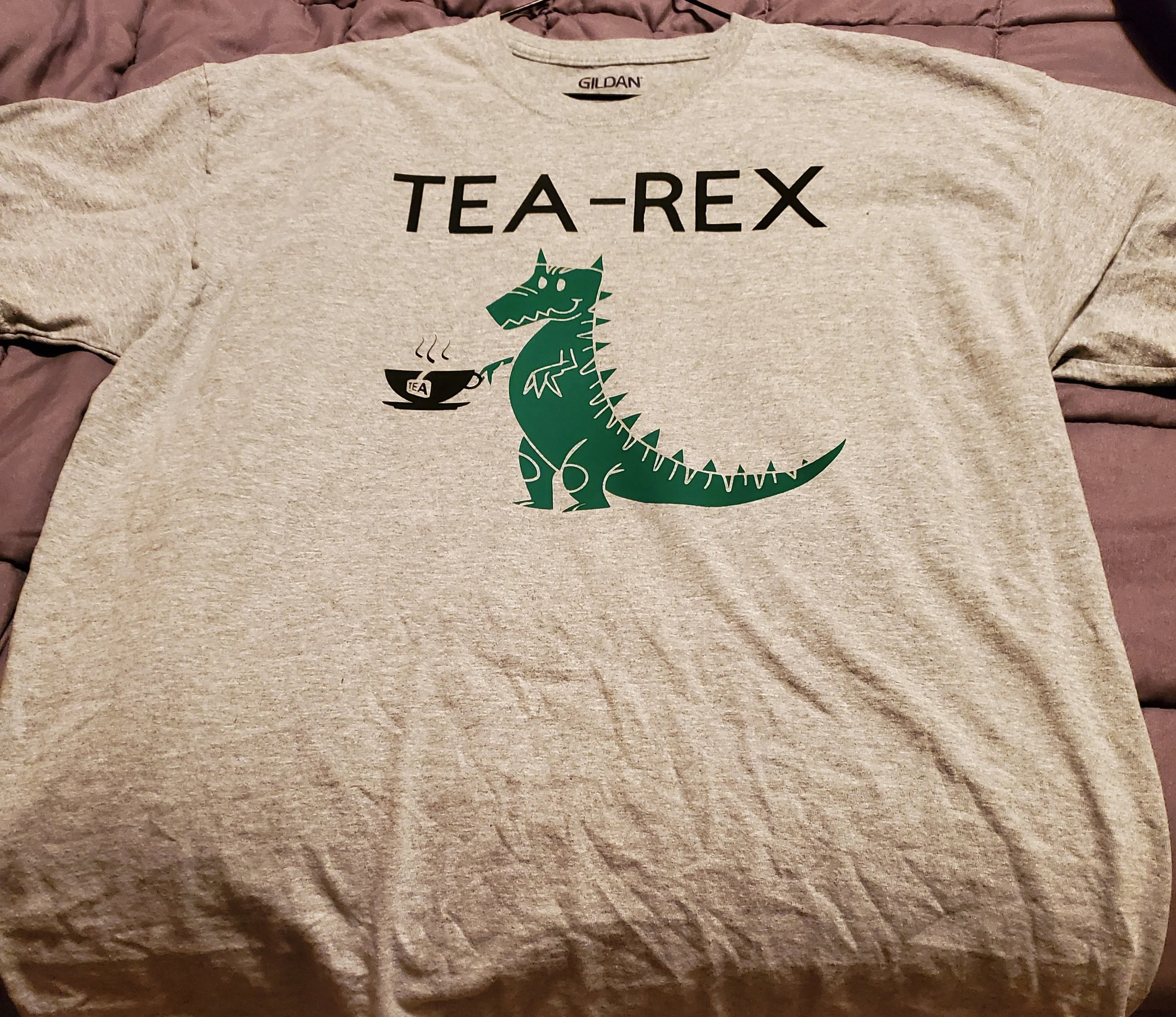 Gray T-shirt with a cartoon dinosaur holding a steaming cup of tea, and the text "TEA-REX" above the dinosaur.