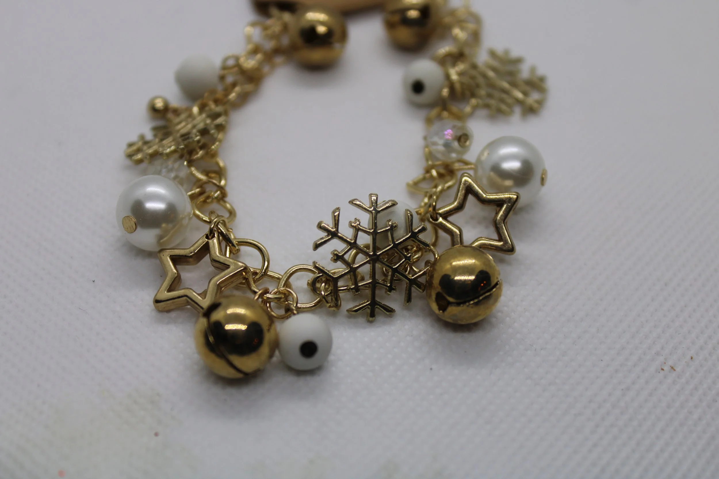 Gold & White Snowflake & Star Holiday Bracelet with Bells