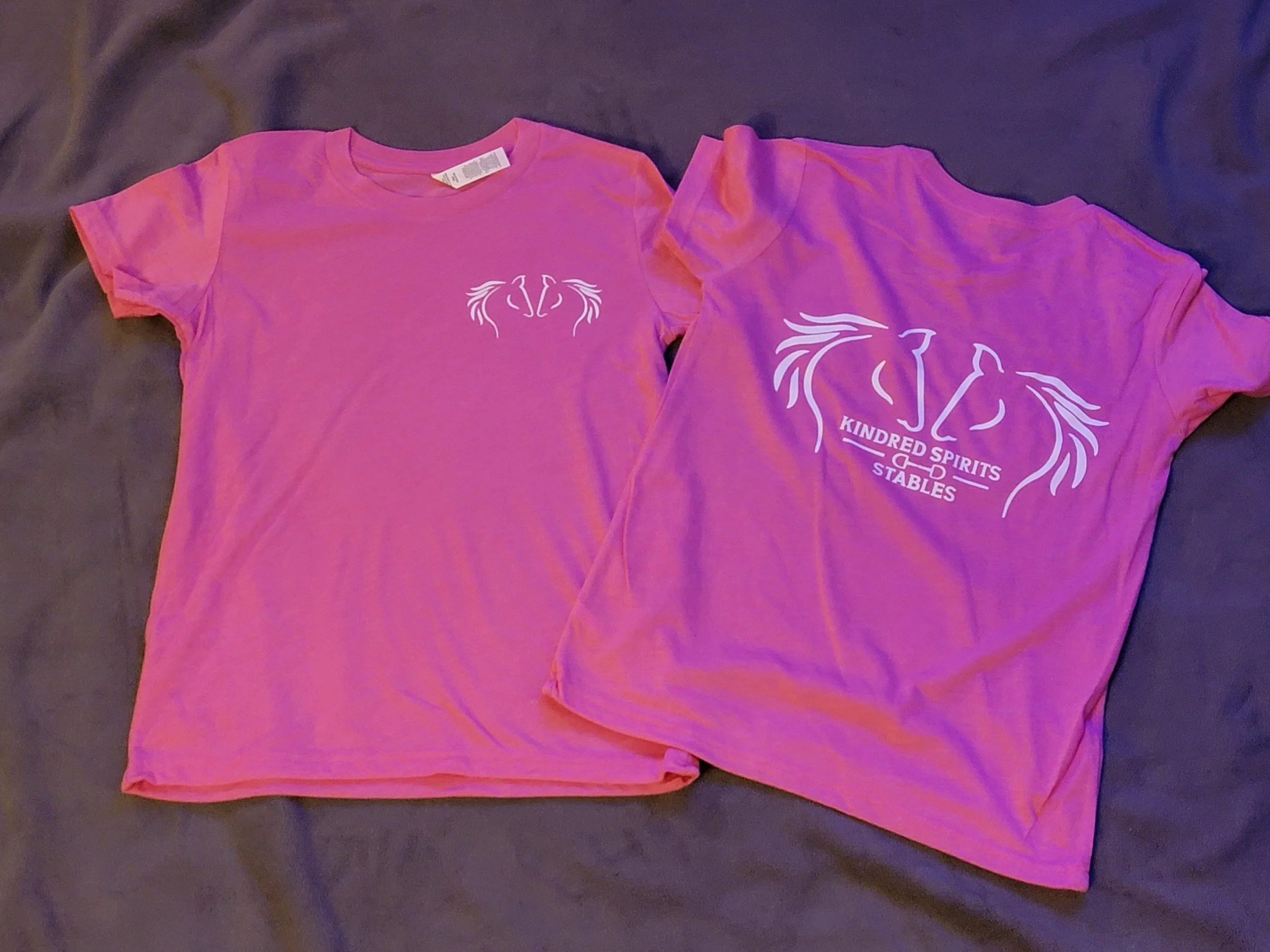 Pink T-shirt with a white tribal-style lion face logo on the front and a larger version of the logo and the words "Kindred Spirits Stables" on the back, laid on a dark fabric surface.