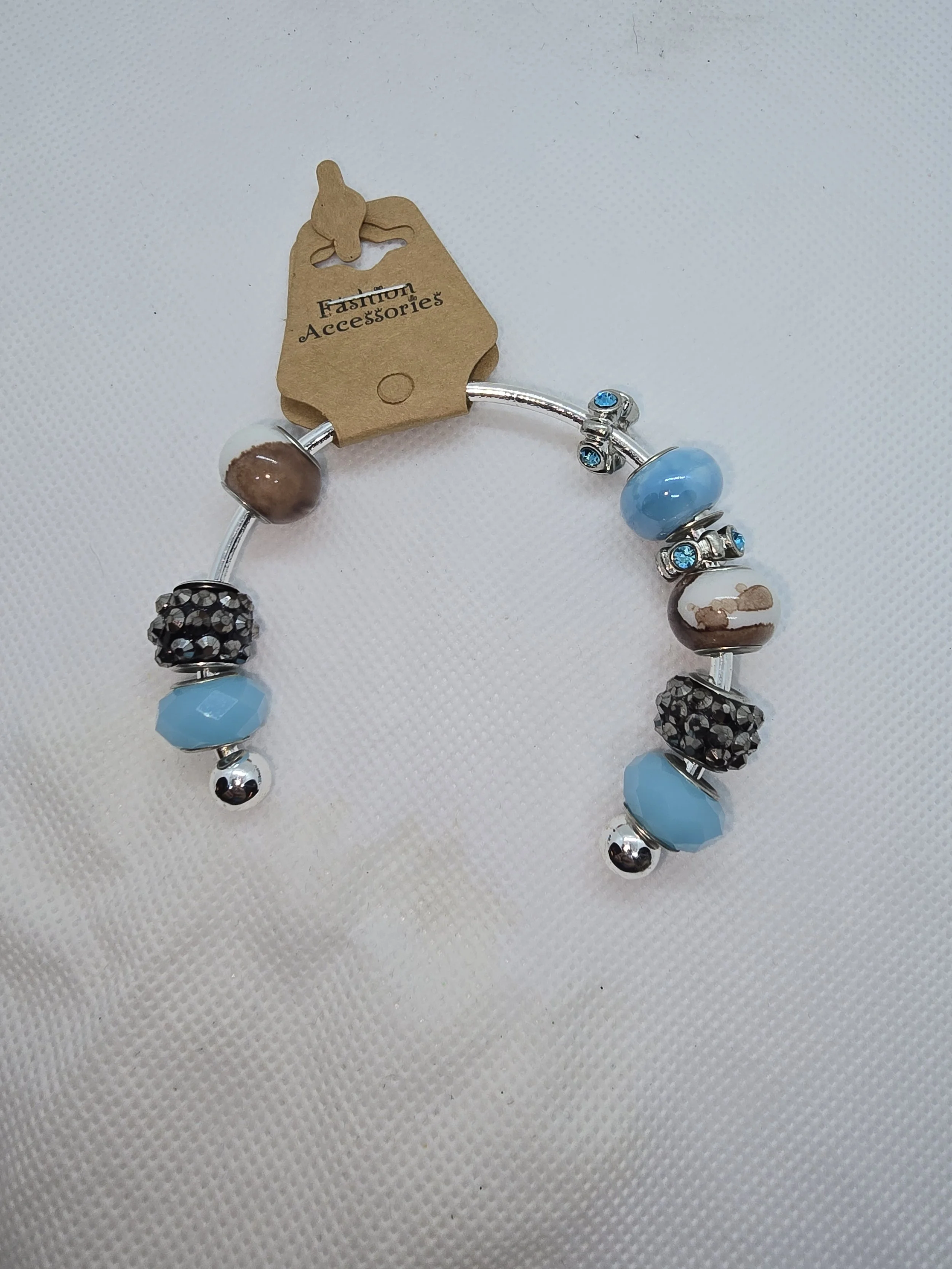 Silver & Blue Beaded Bangle Bracelet