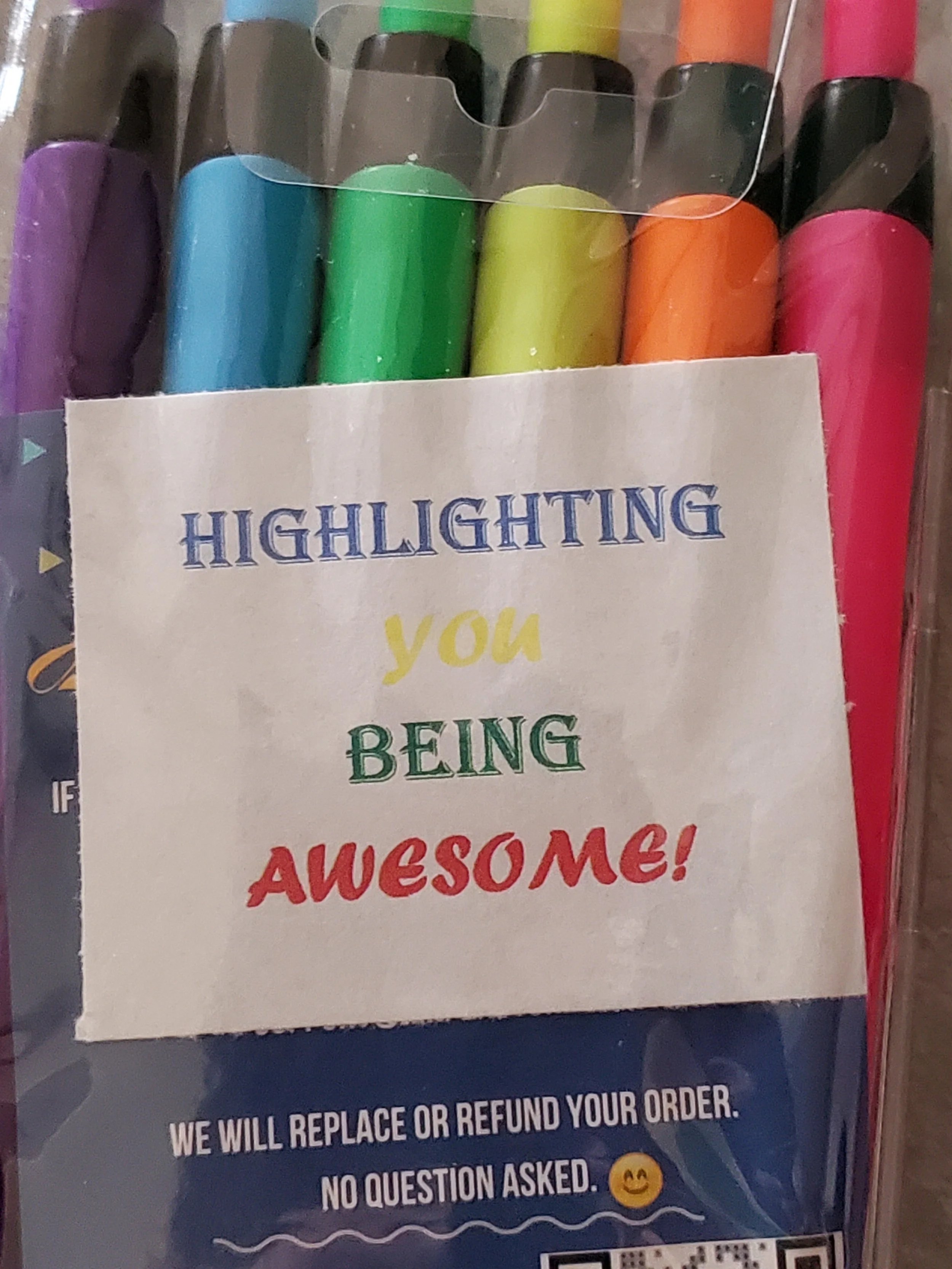 A pack of multi-colored highlighters with a note that reads, 'Highlighting you being awesome!'
