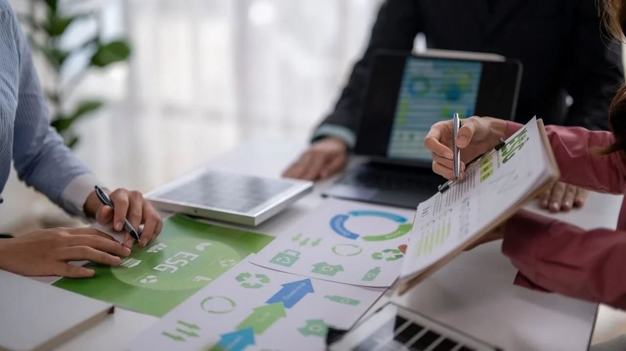 Business team analyzing sustainability data