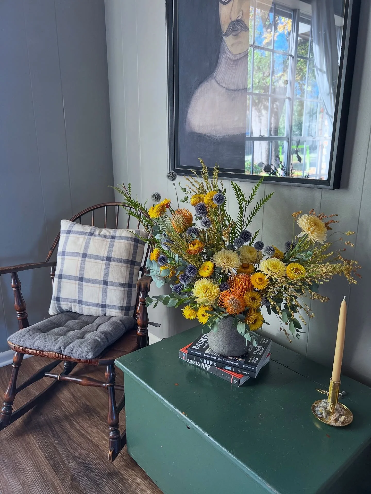 I find it hard to put this kind of thing on the internet but here I go! Took some time to just go shop a cooler and PLAY today. Echinops have been on my mind a lot and I wanted to see what I could do with a bundle. wish the yellows were more rust but