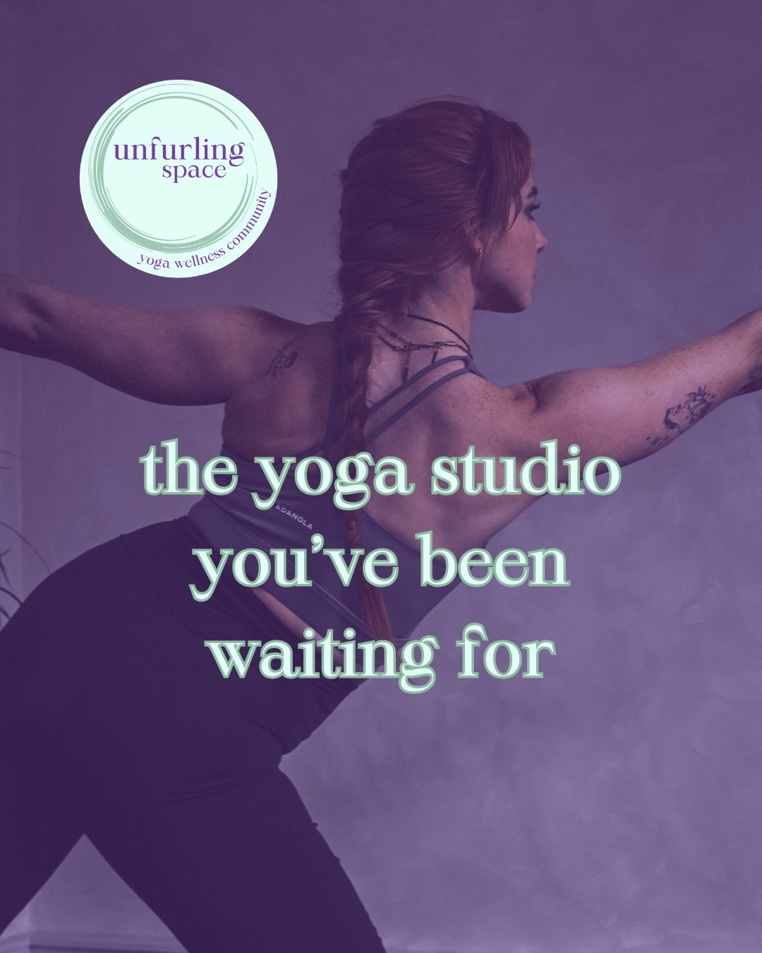 woman preparing for triangle pose with the text - the yoga studio you've been waiting for