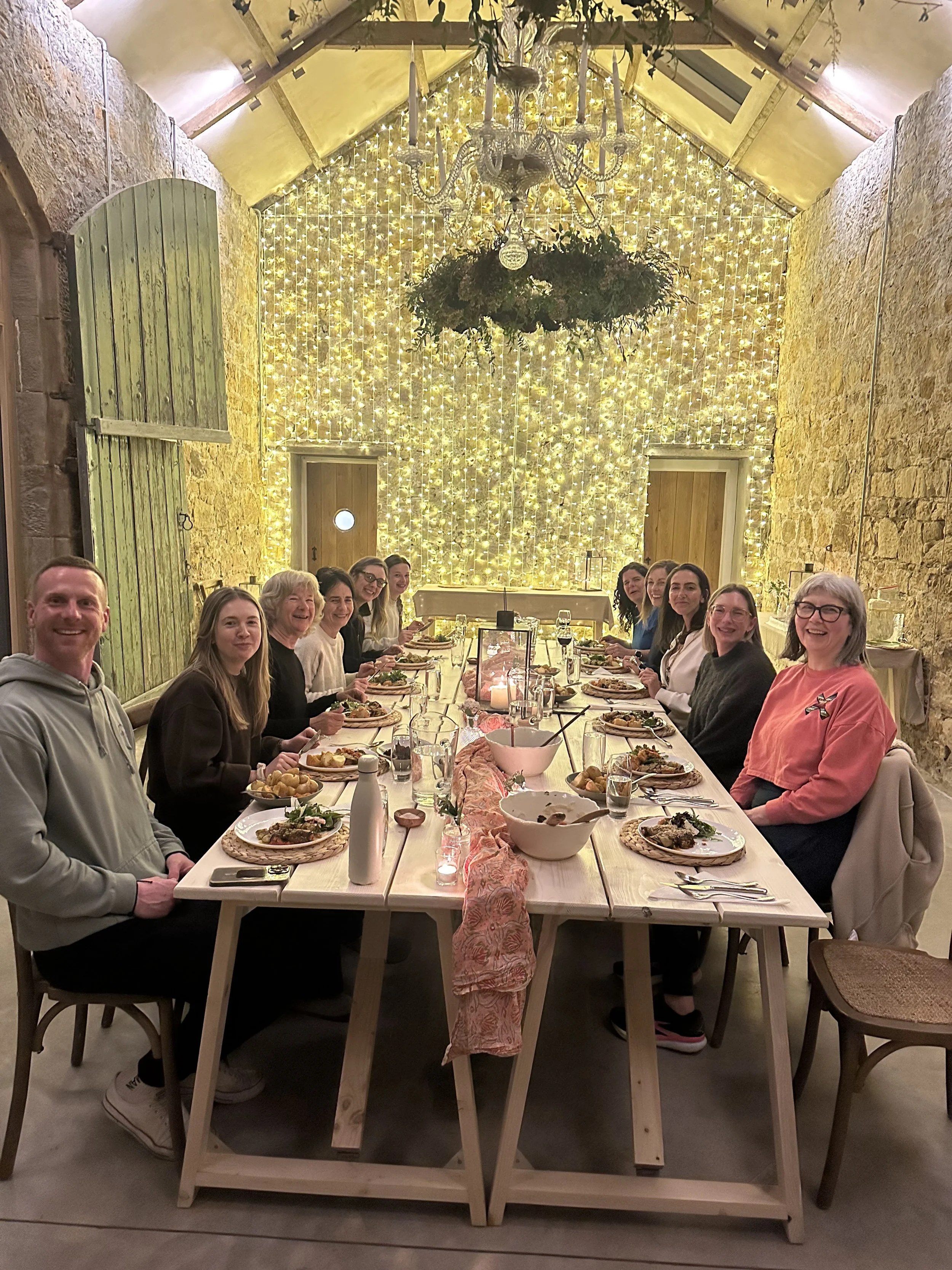 retreat group at dinner table