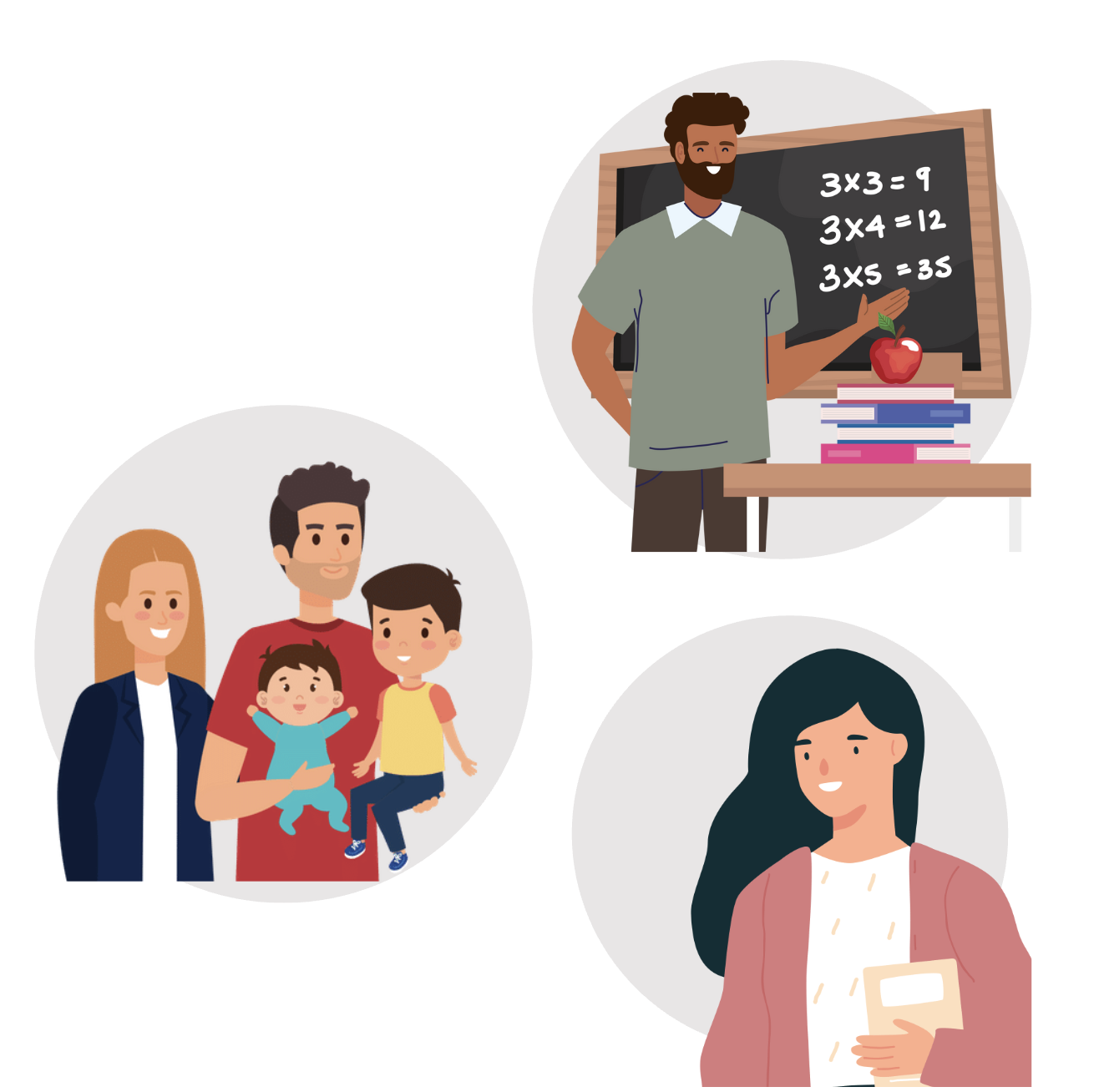 Illustration of a math teacher pointing to a blackboard with multiplication equations, a family with two children, and a woman holding a book.
