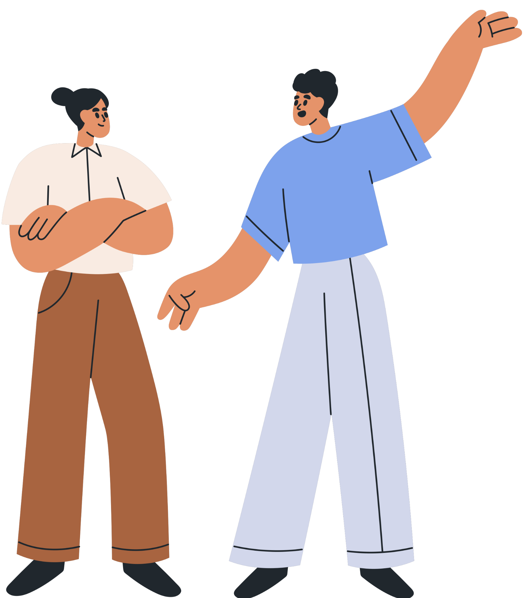 An illustration of a man and woman holding hands, walking together. The woman has her hair in a bun, wears a beige top and brown pants. The man has curly black hair, wears a blue shirt and light gray wide-leg pants.