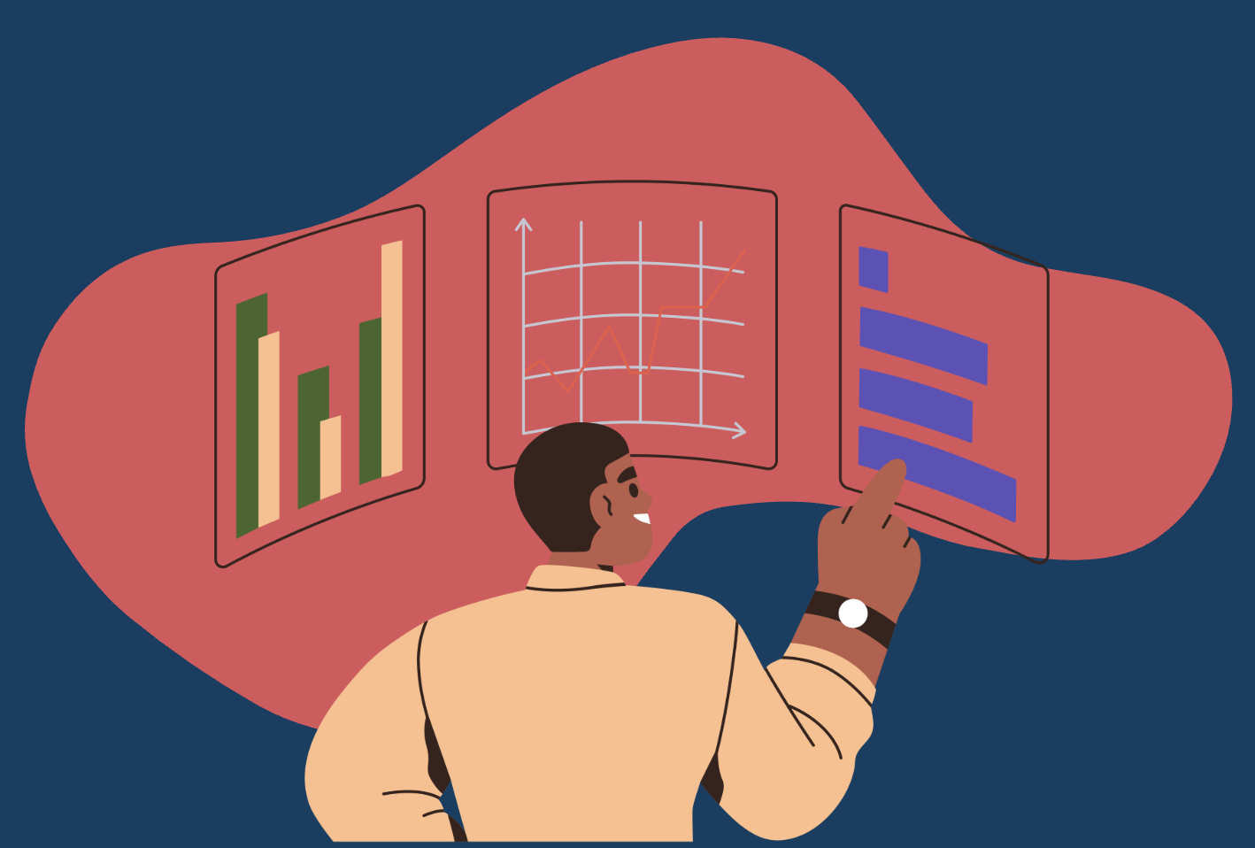 A man in a beige shirt is interacting with three floating data dashboards displaying charts and graphs on a dark blue and pink background.