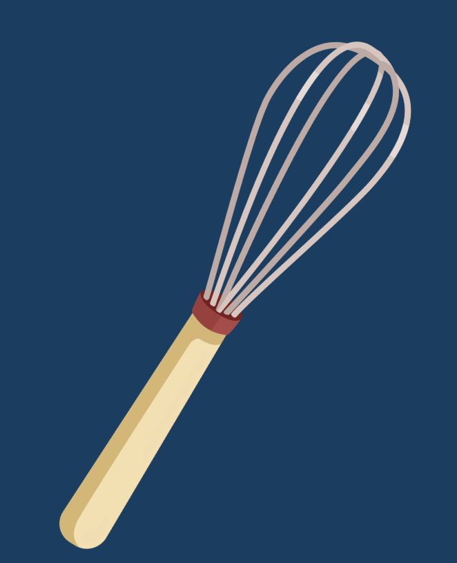 Illustration of a whisk with a beige handle and silver wires on a dark blue background.
