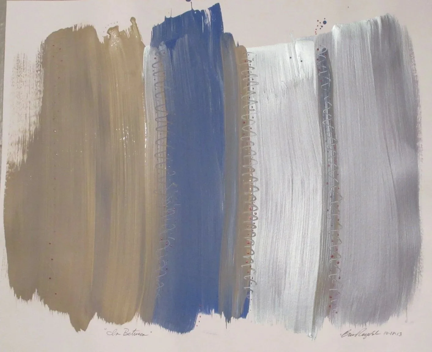 In Between (2013)

Acrylic and silver paint on archival paper

A powerful, monumental study of transition, boundaries, and internal space. Broad, vertical monoliths of warm earth tones, deep slate blue, and brilliant metallic silver are laid side by 