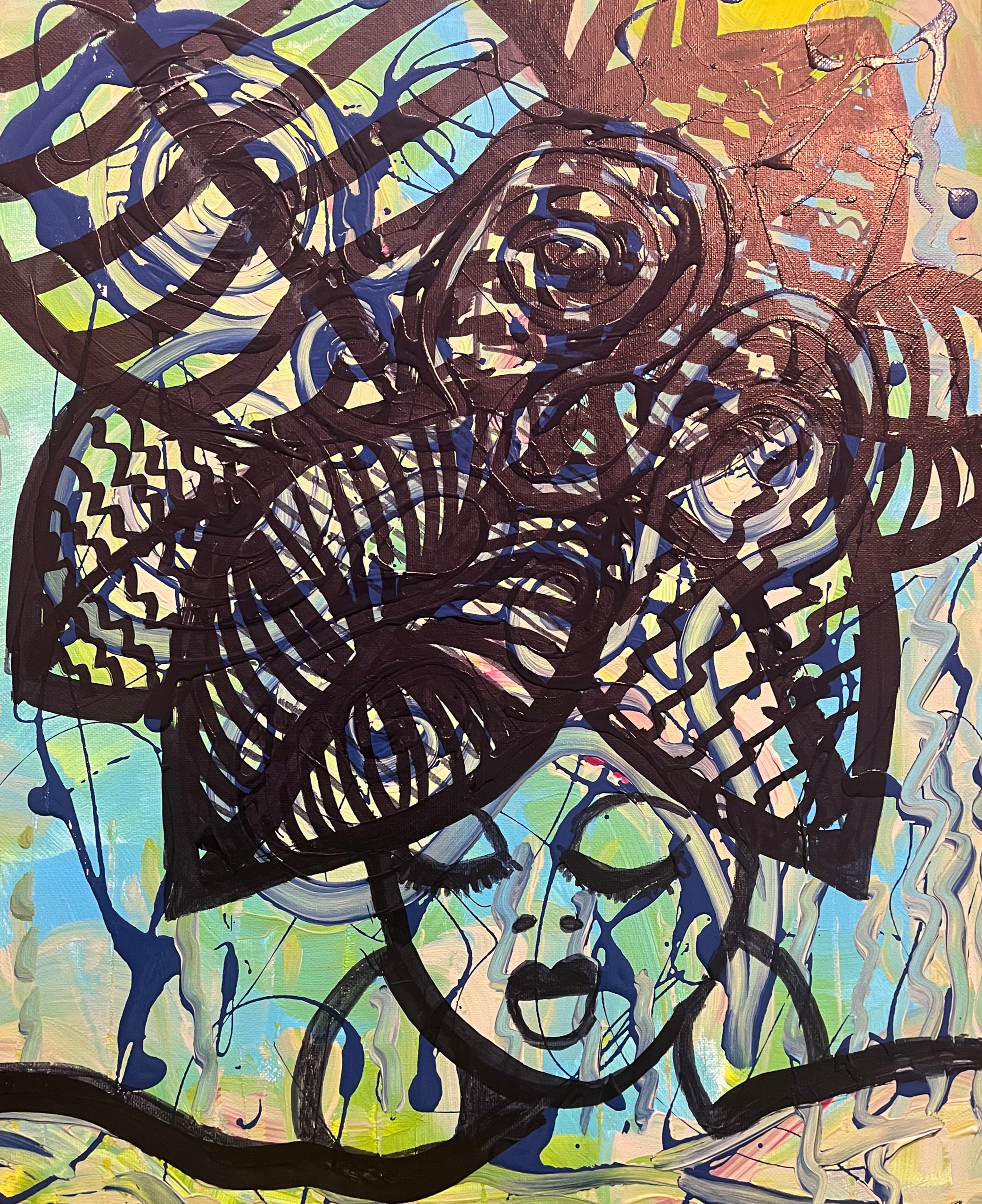 Abstract portrait titled Clarity by African American contemporary abstract painter Brian Ragsdale with layered gestural lines and a serene face.