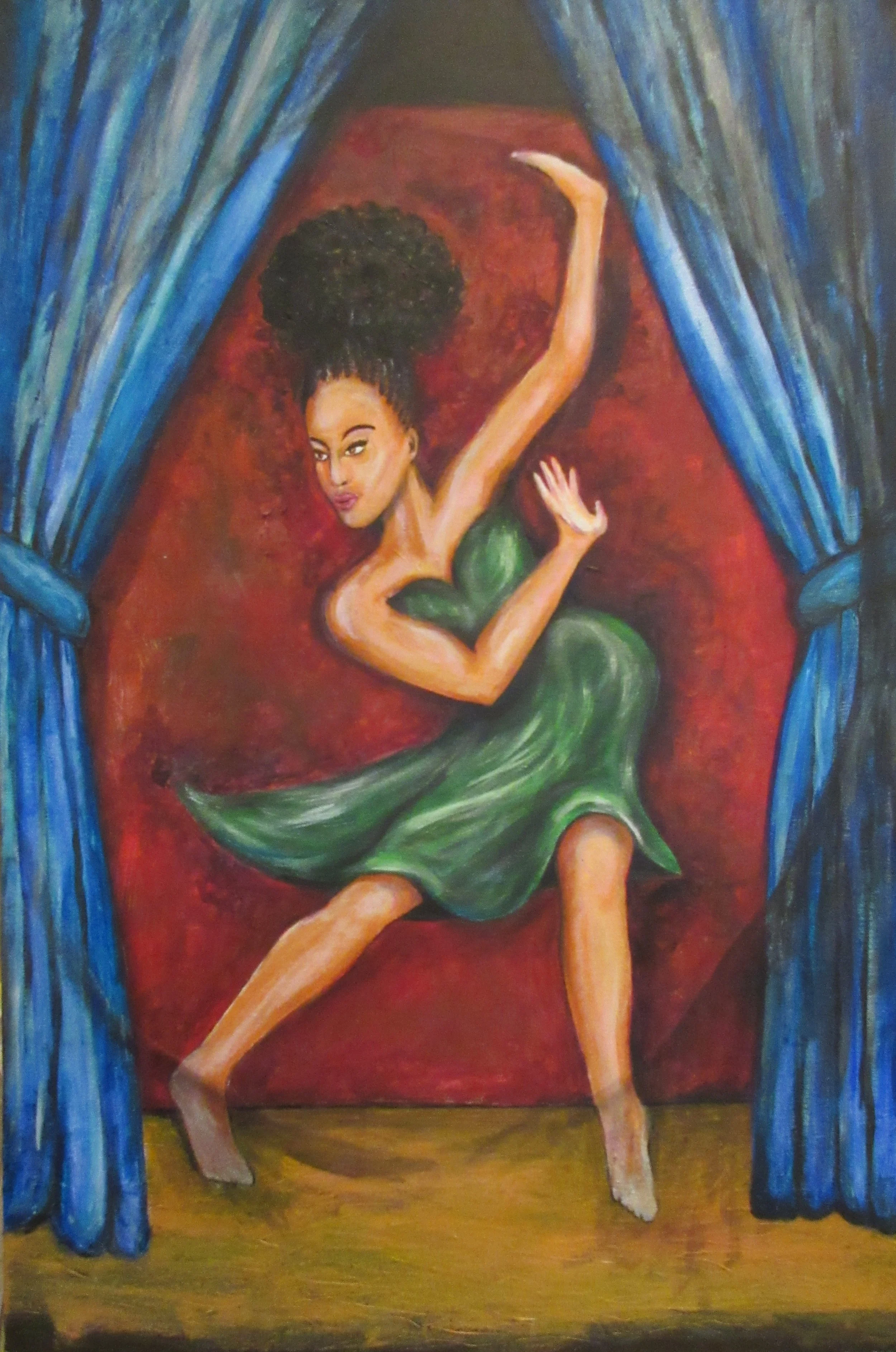 Get Down
Acrylic on Canvas, 36 x 34 inches

An electric, dynamic, and larger-than-life celebration of expressive movement and uncontained self-presence. Framed by rich, heavy blue drapery that evokes the theatrical stage of life, a central figure cap