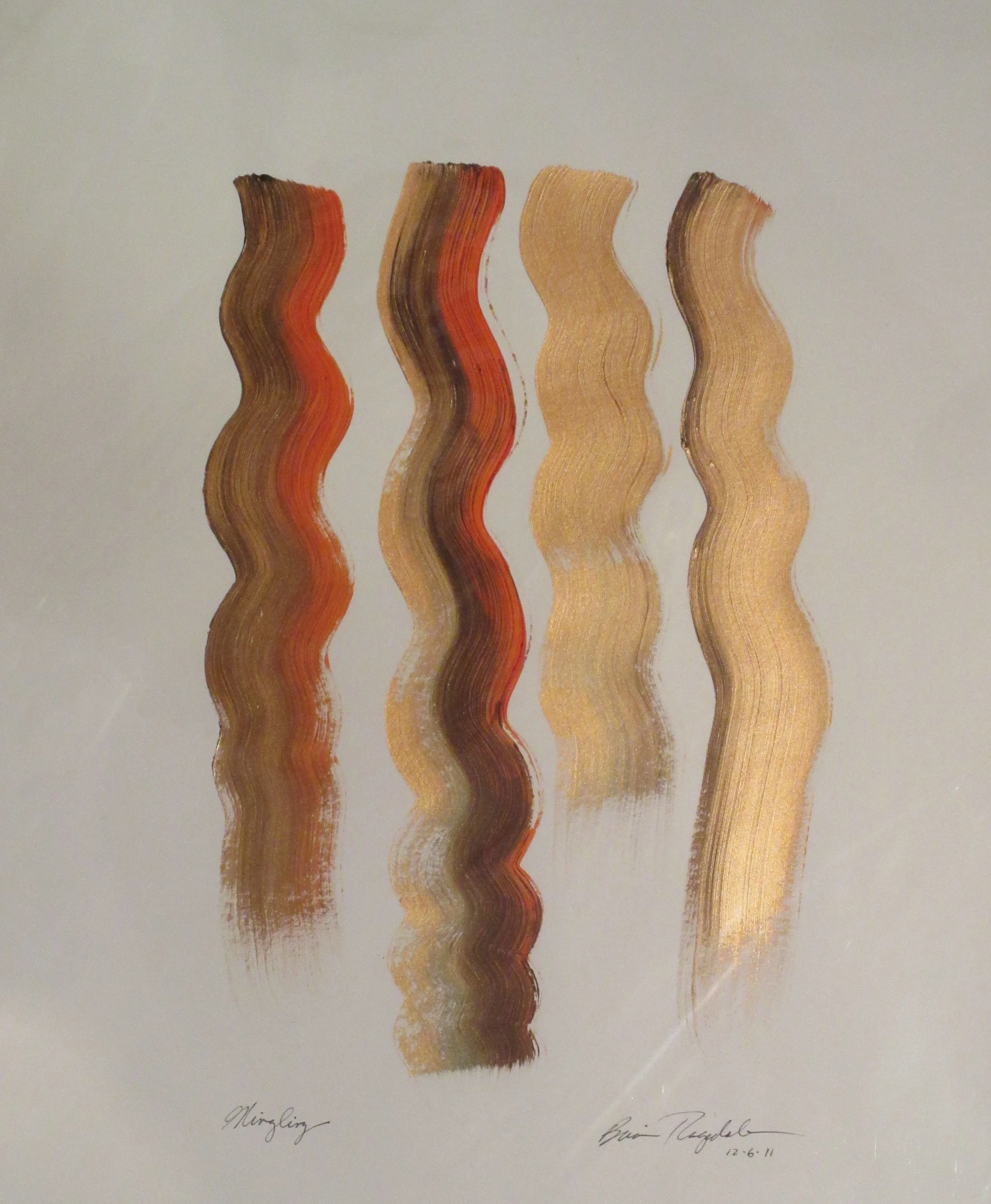 Mingling (2011)
Acrylic and gold paint on archival paper

An intimate and vertical study of connection and energy. Four undulating, fluid ribbons of paint move down the page in a soft, waving cadence, blending warm terracotta, rich earth tones, and d