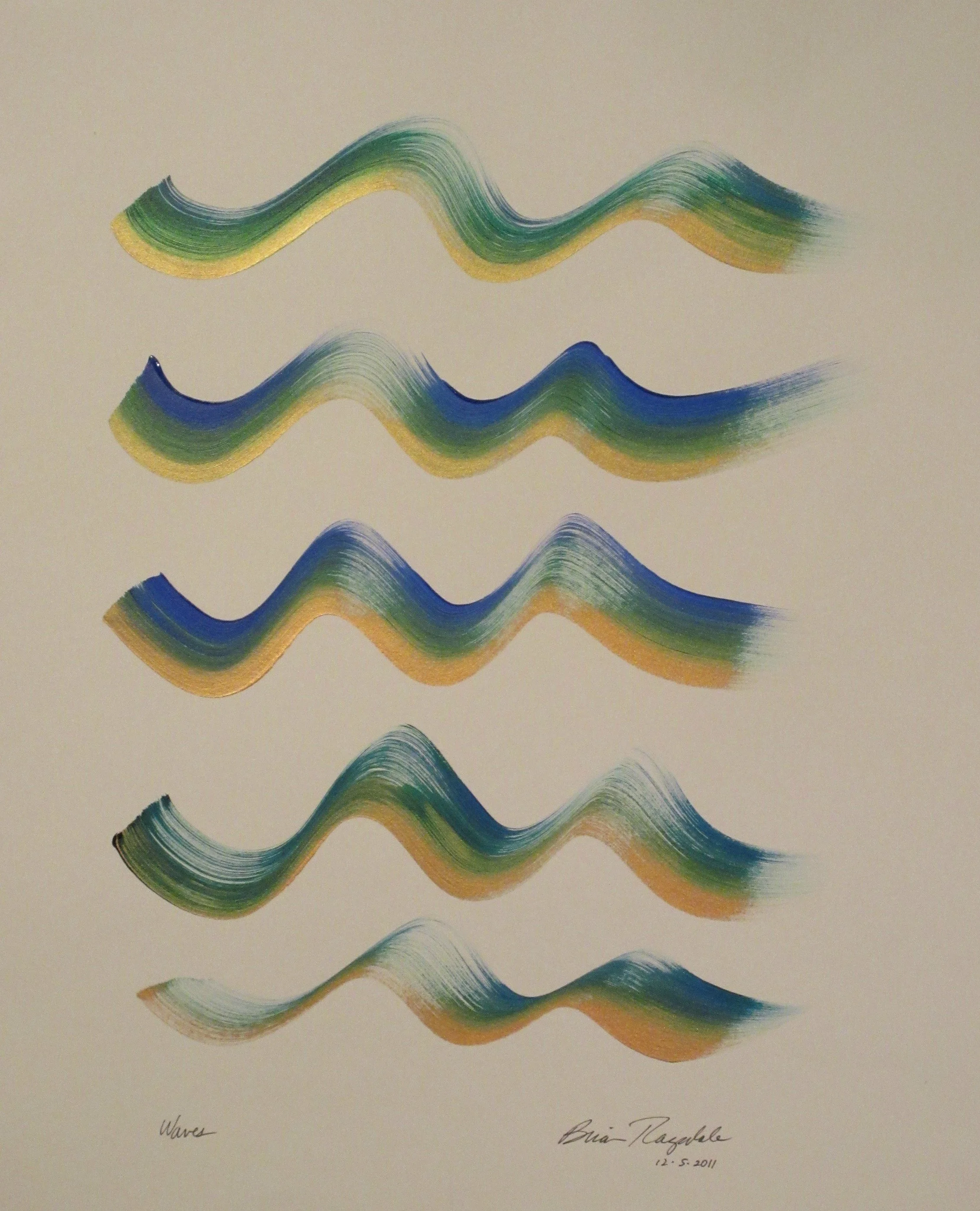 Waves (2011)
Acrylic and gold paint on archival paper

A rhythmic and highly fluid composition featuring five independent, undulating currents that sweep horizontally across the page in unison. The brushstrokes blend deep cerulean blue, rich forest g