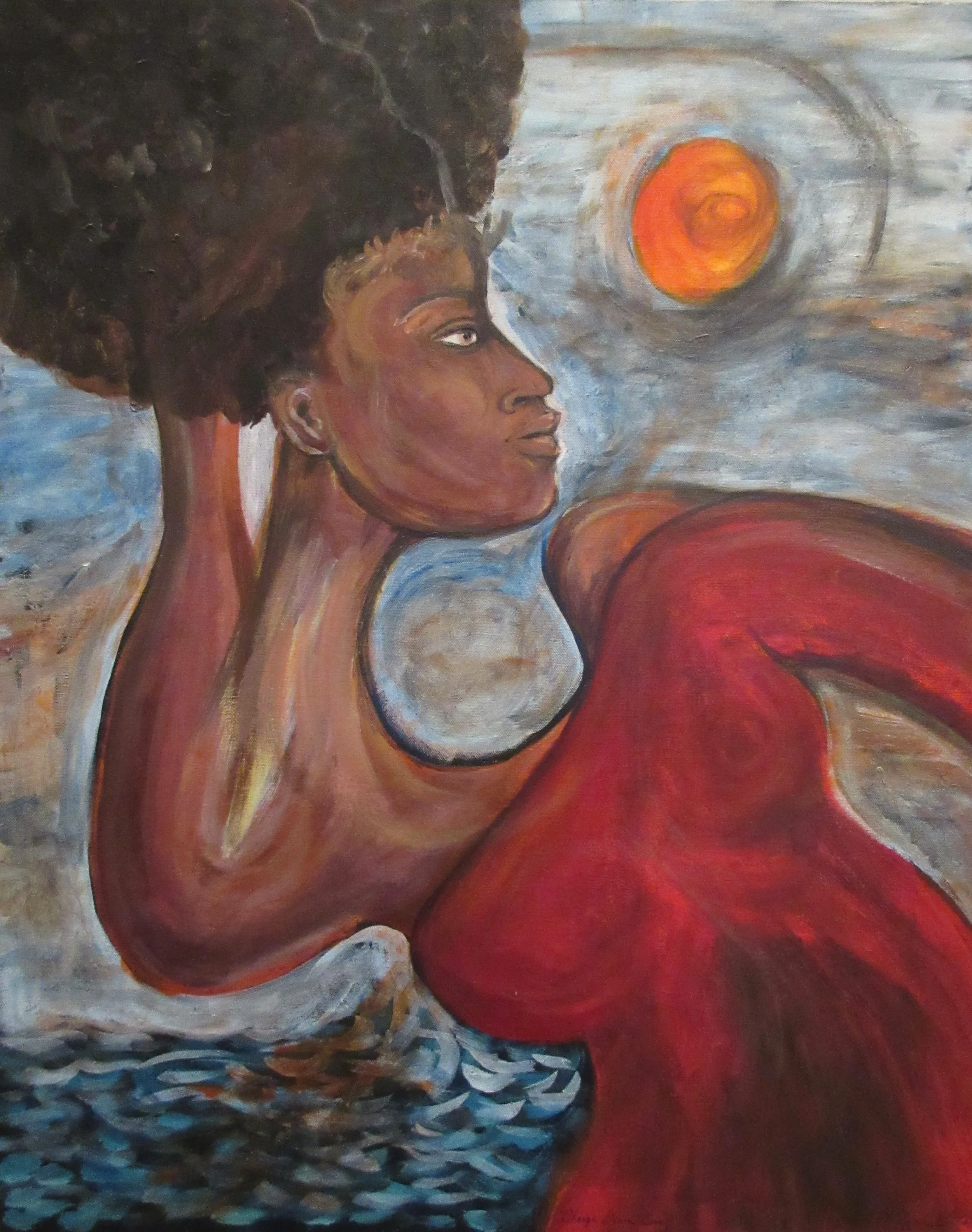 Change Gonna Come
Acrylic on Canvas, 30 x 24 inches

A monumental and deeply soulful figurative study that honors the weight, gaze, and unfolding transformation of Black identity. Positioned in profile against a swirling, atmospheric sky, the central