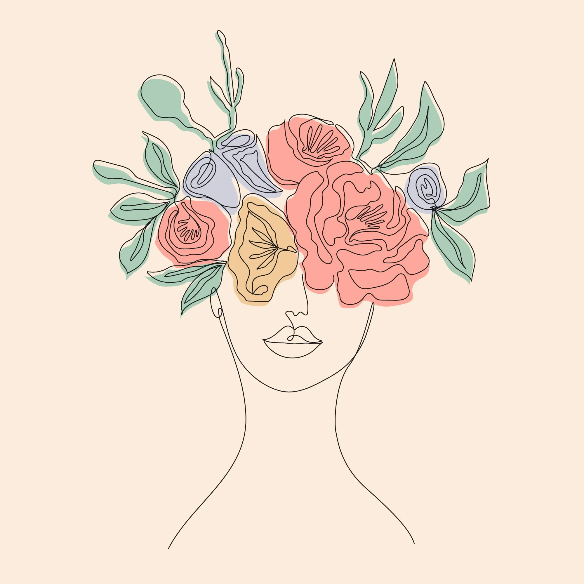 Line drawn image of a person with lips and a nose and flowers on their head