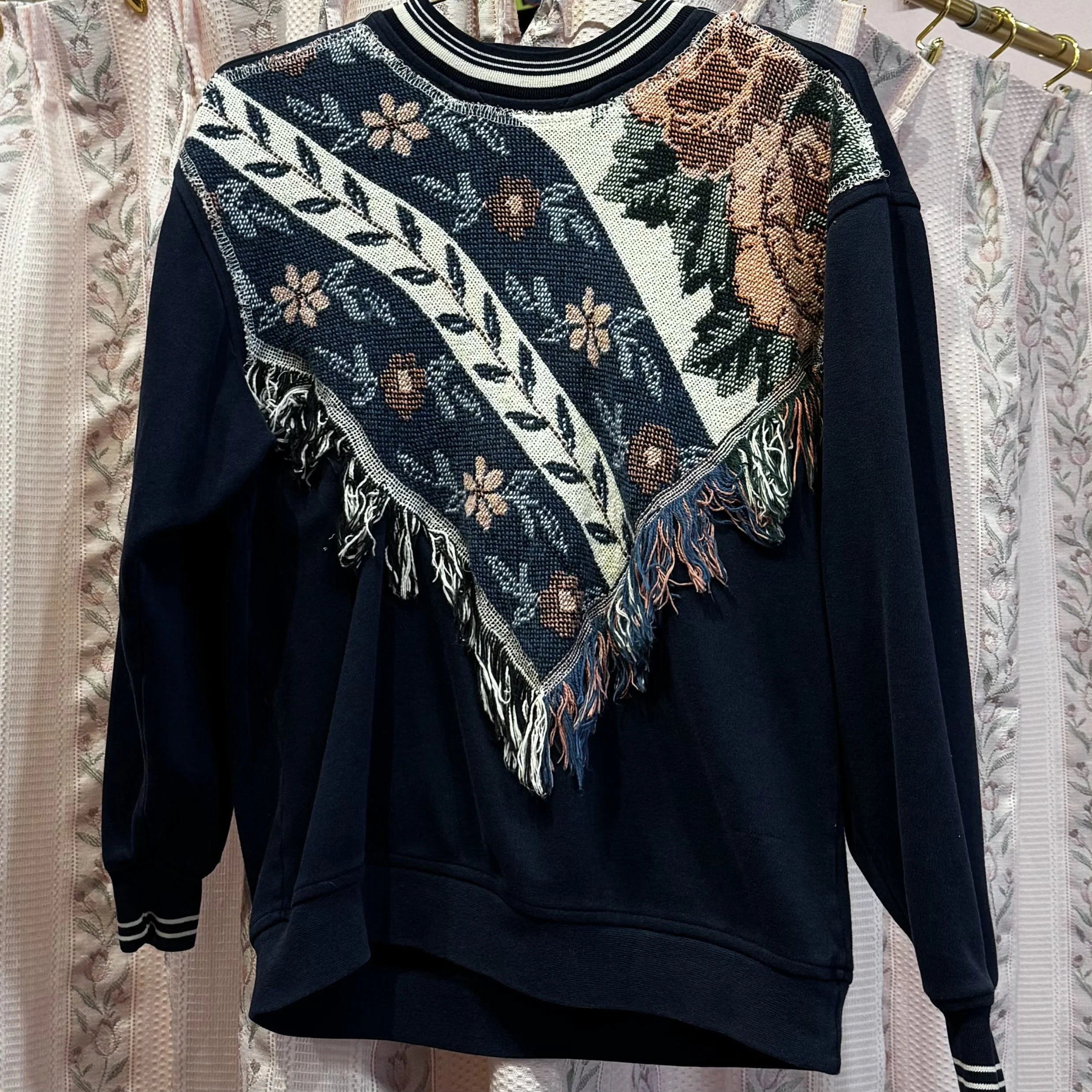 Blue Flower Fringe Quilt Sweatshirt