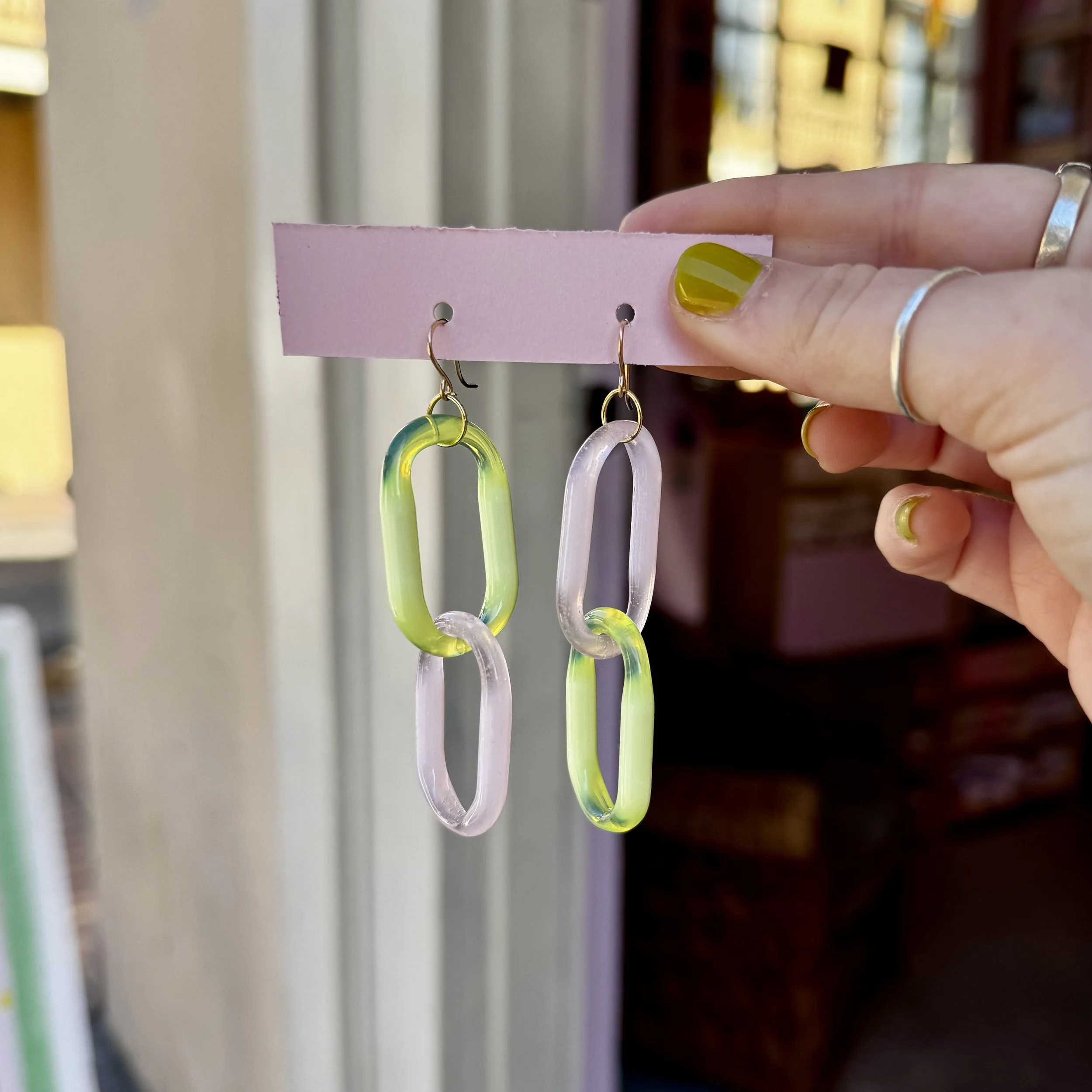 Pink & Green Chain Glass Earrings