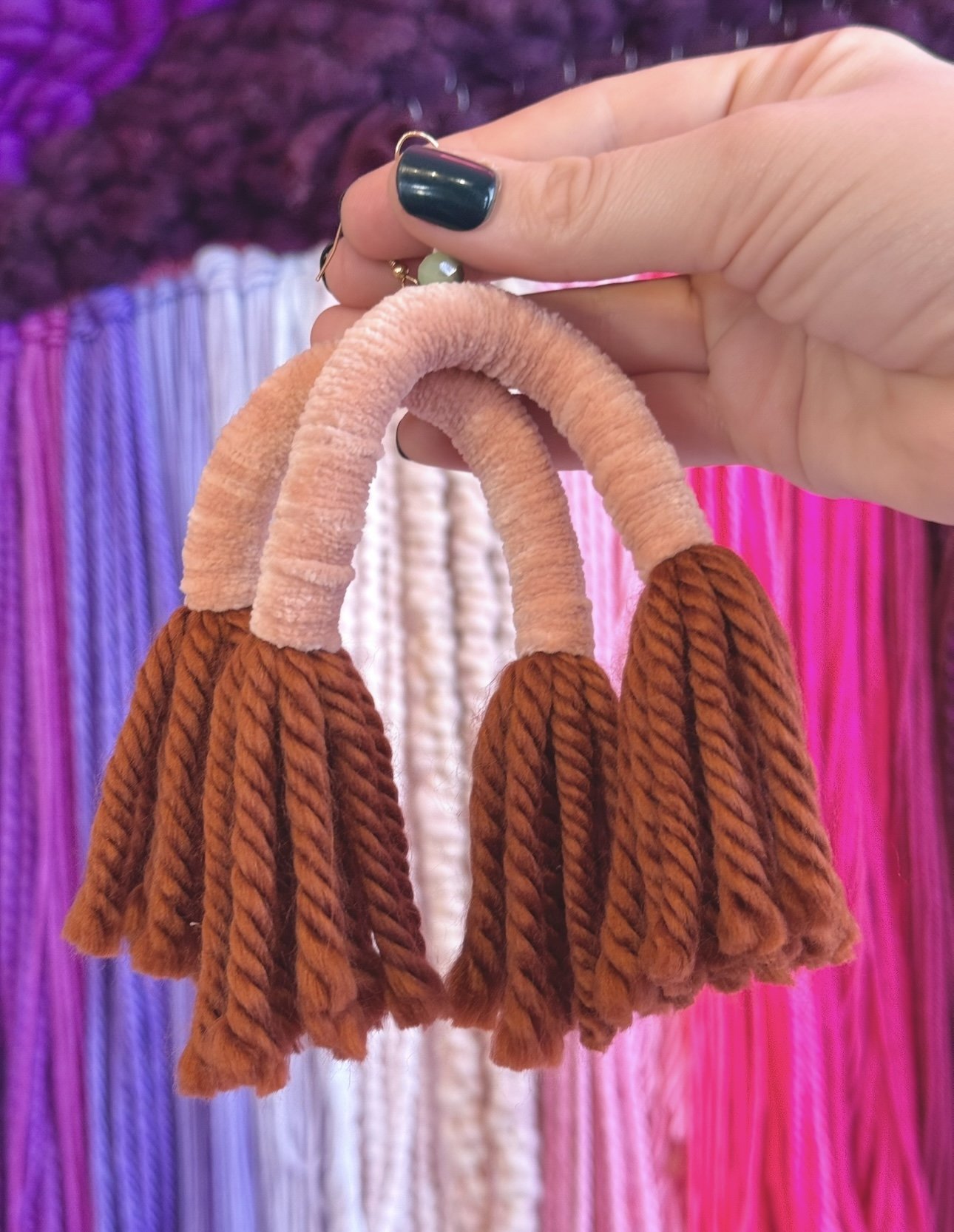 Cream & Brown Arch Yarn Earrings