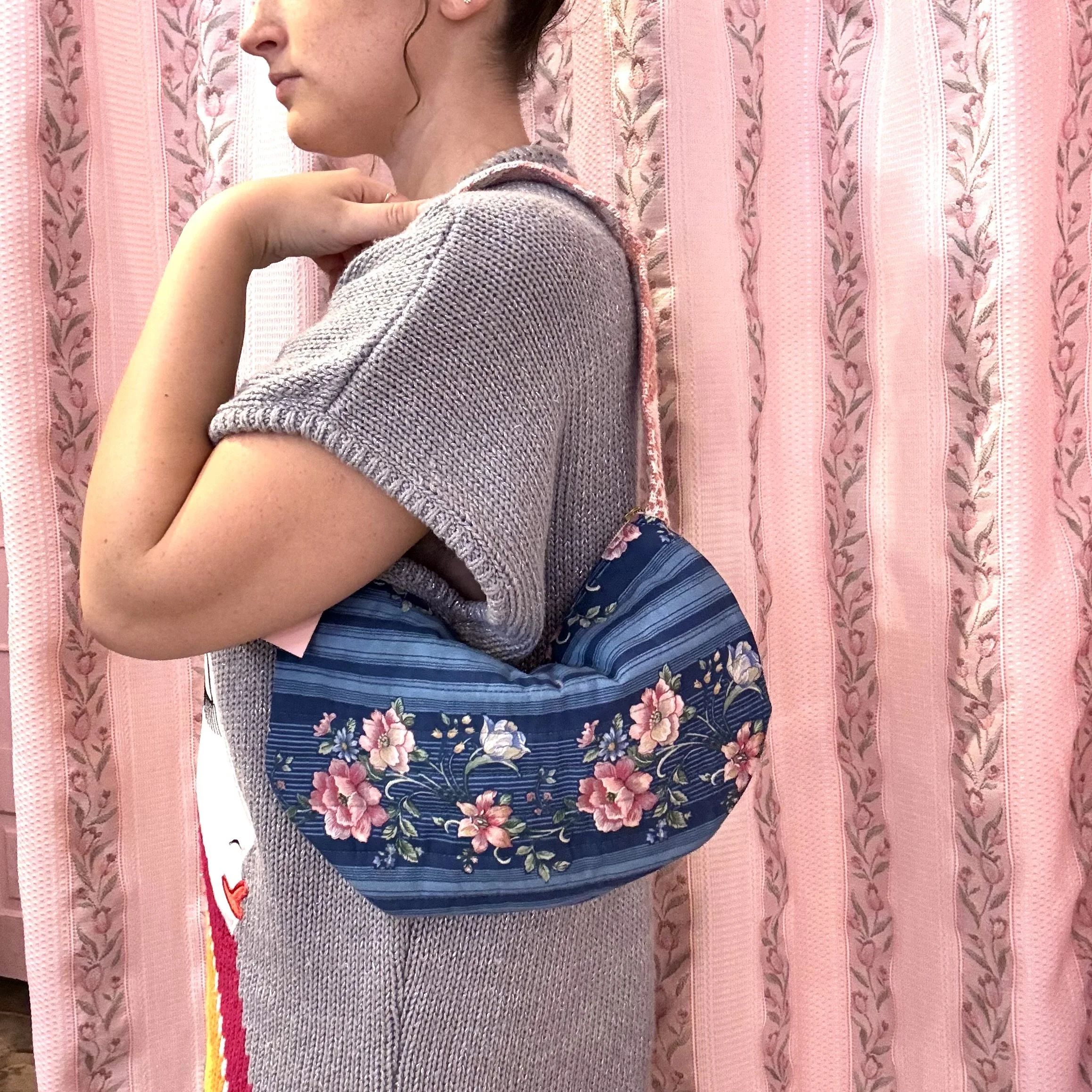 Blue Floral Crescent Bag