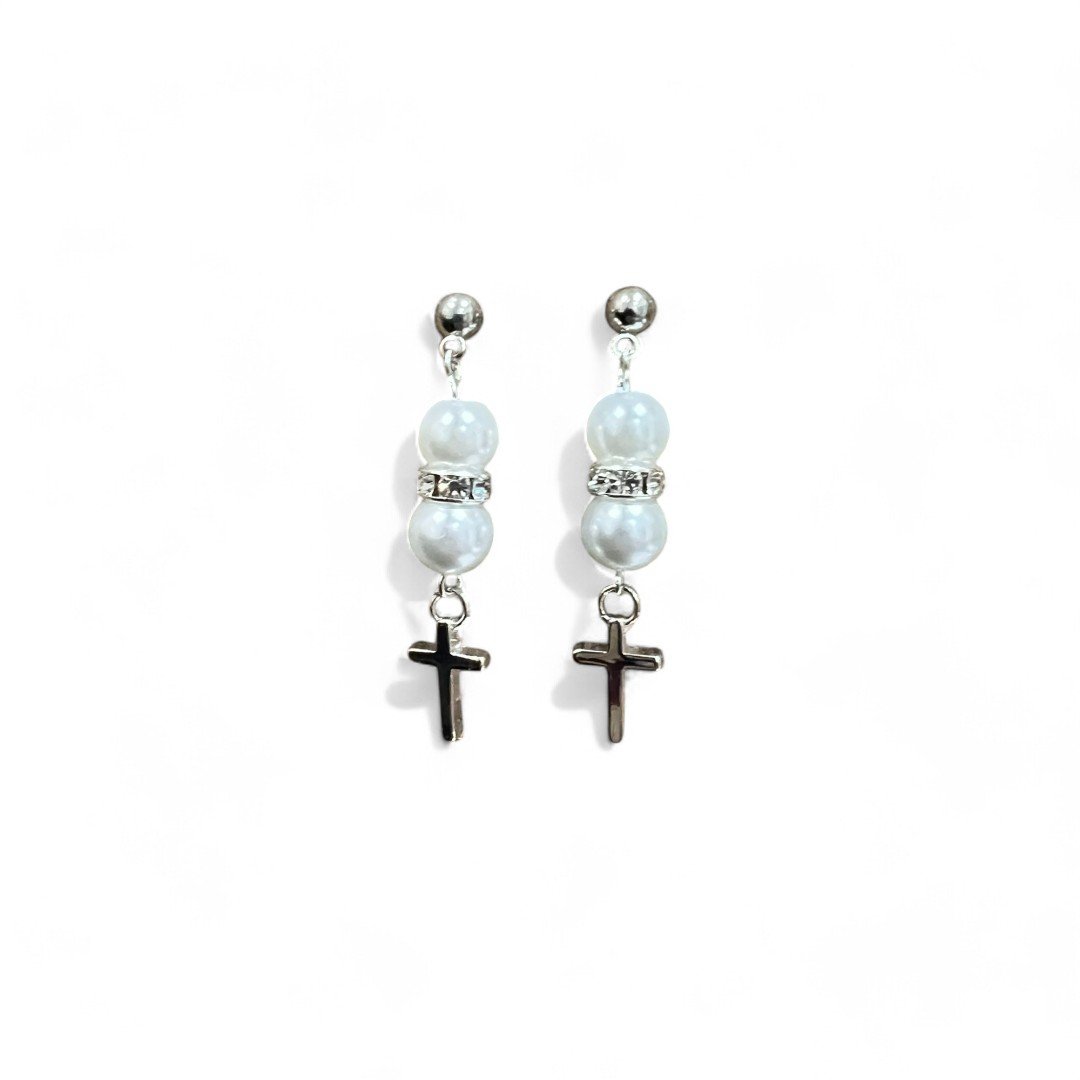 White Glass Pearl and Cross Dangle Earrings 2-Photoroom.jpg