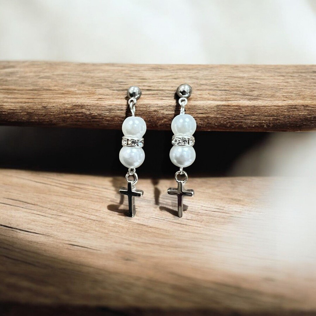 White Glass Pearl and Cross Dangle Earrings-Photoroom.jpg