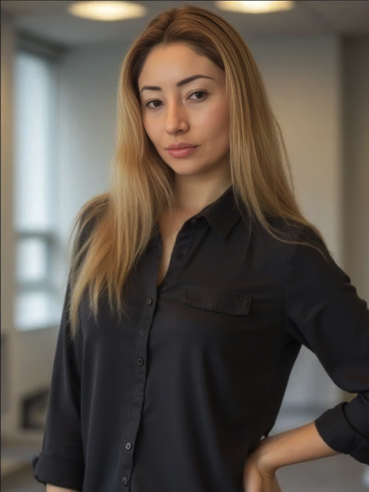 Woman with long blonde hair wearing a black blouse stands confidently in an office setting.