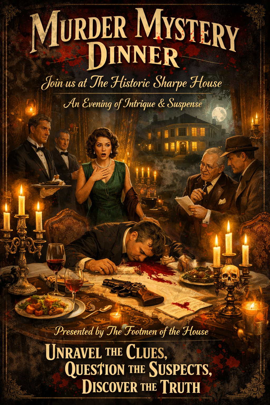A promotional poster for a murder mystery dinner event at the Sharpe House. The scene depicts a formal dinner with candlelit tables, including a bloodstained table and a gun, with characters engaged in a suspenseful scenario. The background shows a large house under a full moon.