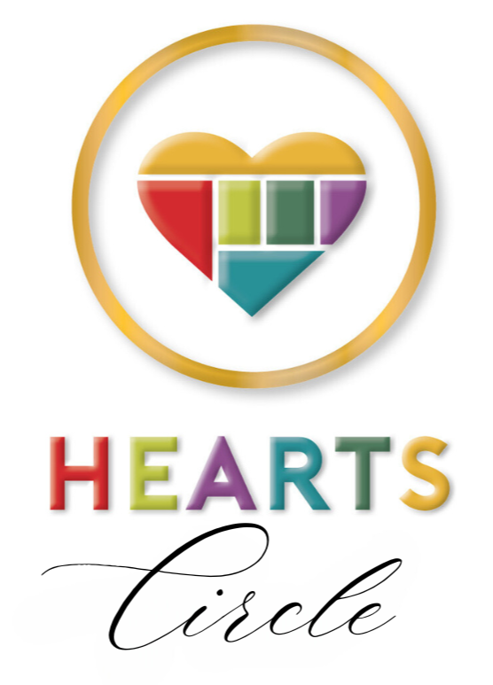 A logo with a multi-colored heart composed of smaller shapes, wrapped in a gold circle. Below, the text 'HEARTS' is written in rainbow-colored block letters, and the word 'circle' is in elegant black cursive.