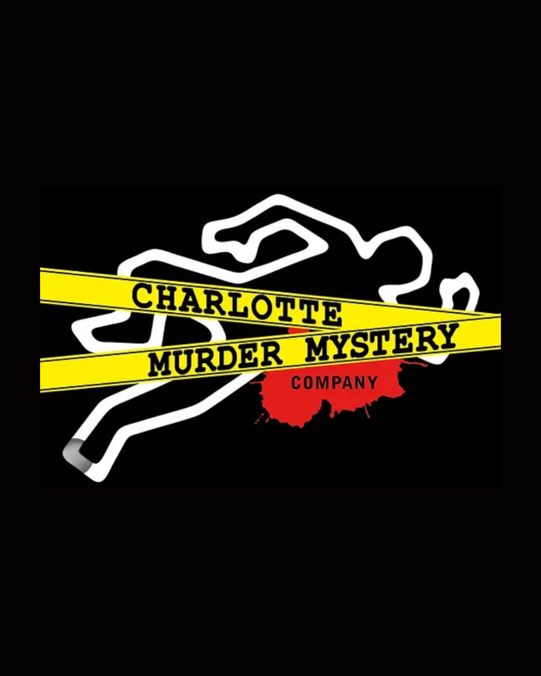 A promotional poster for a murder mystery dinner event at the Sharpe House. The scene depicts a formal dinner with candlelit tables, including a bloodstained table and a gun, with characters engaged in a suspenseful scenario. The background shows a large house under a full moon.