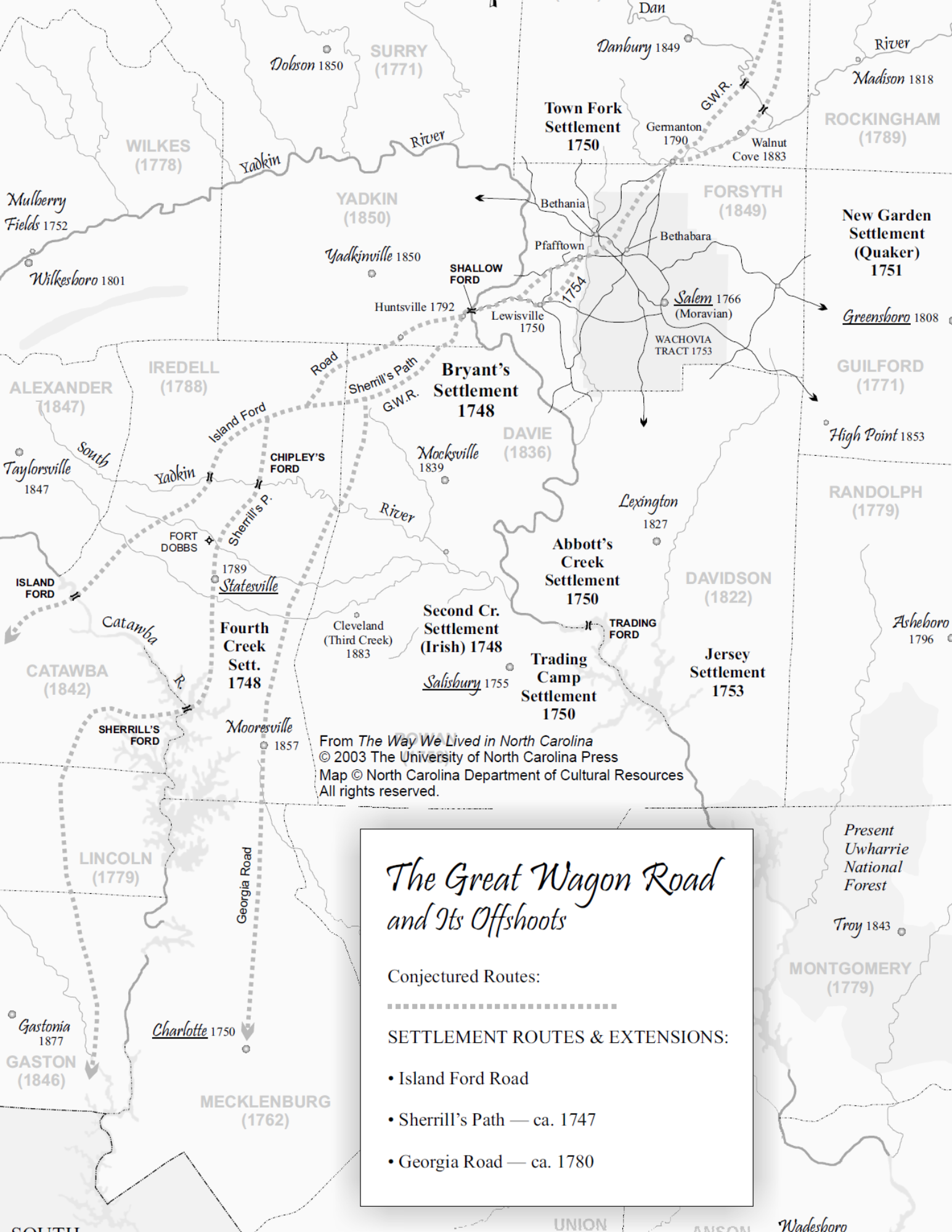 A historical map of North Carolina showing the routes of The Great Wagon Road and its offshoots, including settlement locations, roads, and other geographic features.