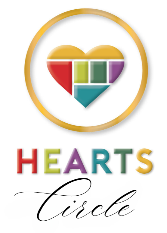 A colorful logo with a heart made of various geometric shapes inside a gold circle, and the words "HEARTS Circle" below, with "HEARTS" in multicolored block letters and "Circle" in black cursive.