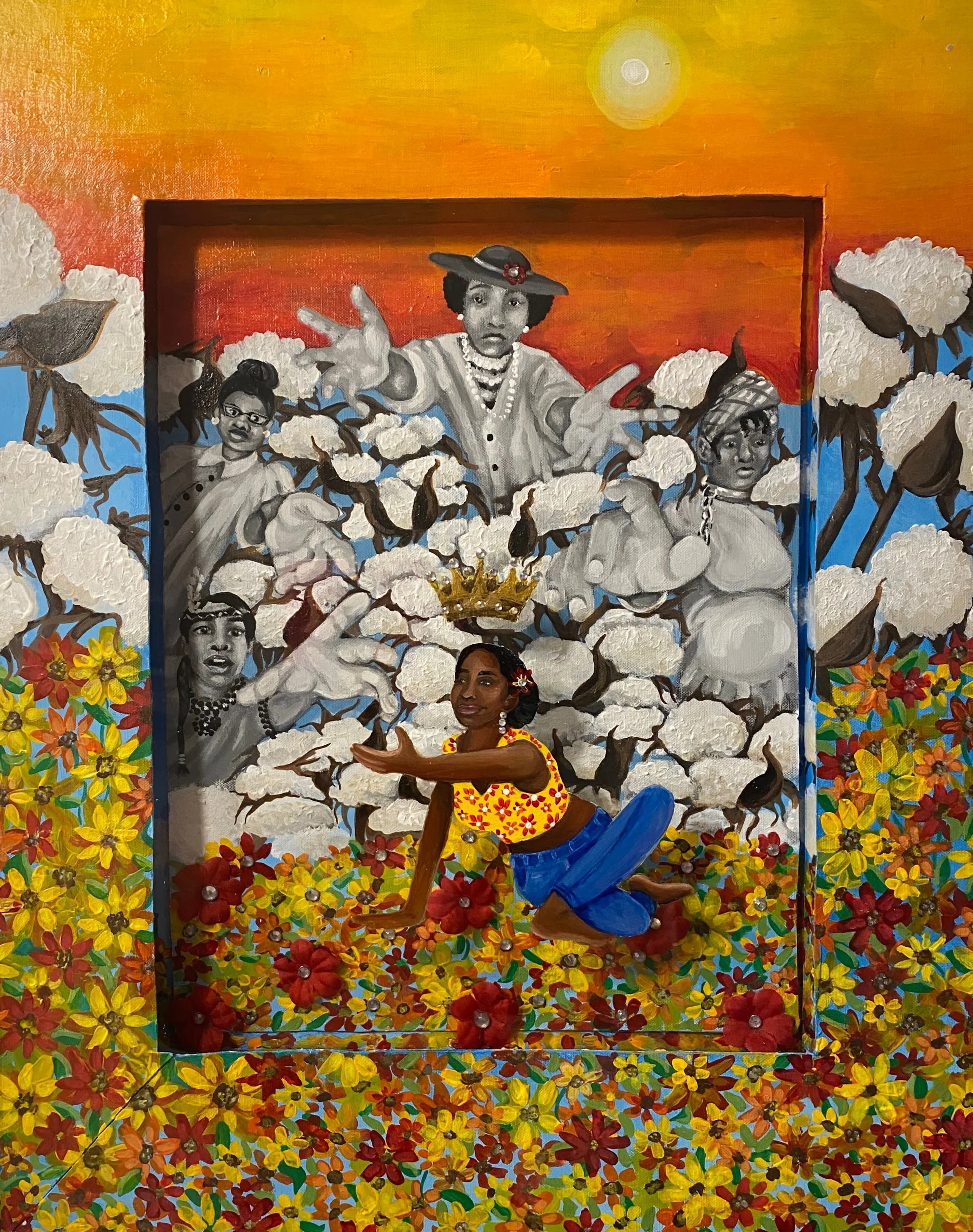 A colorful mural featuring a woman in a yellow floral top and blue jeans surrounded by flowers and large, black-and-white portraits of women with Afro hairstyles and jewelry, with a bright sunset or sunrise sky in the background.