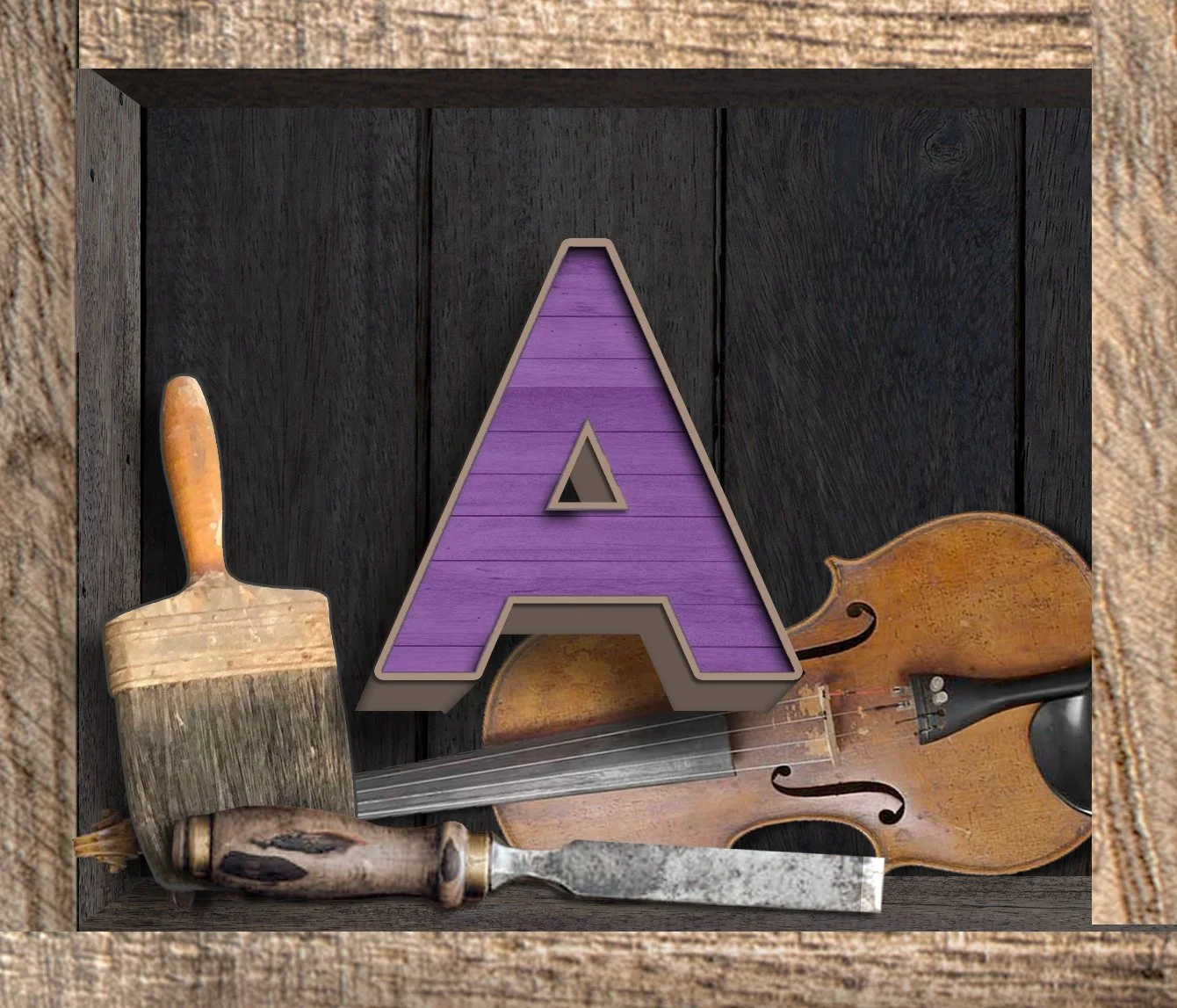 A wooden box containing a paintbrush, a large letter A painted purple, a portion of a violin, and a carving chisel.