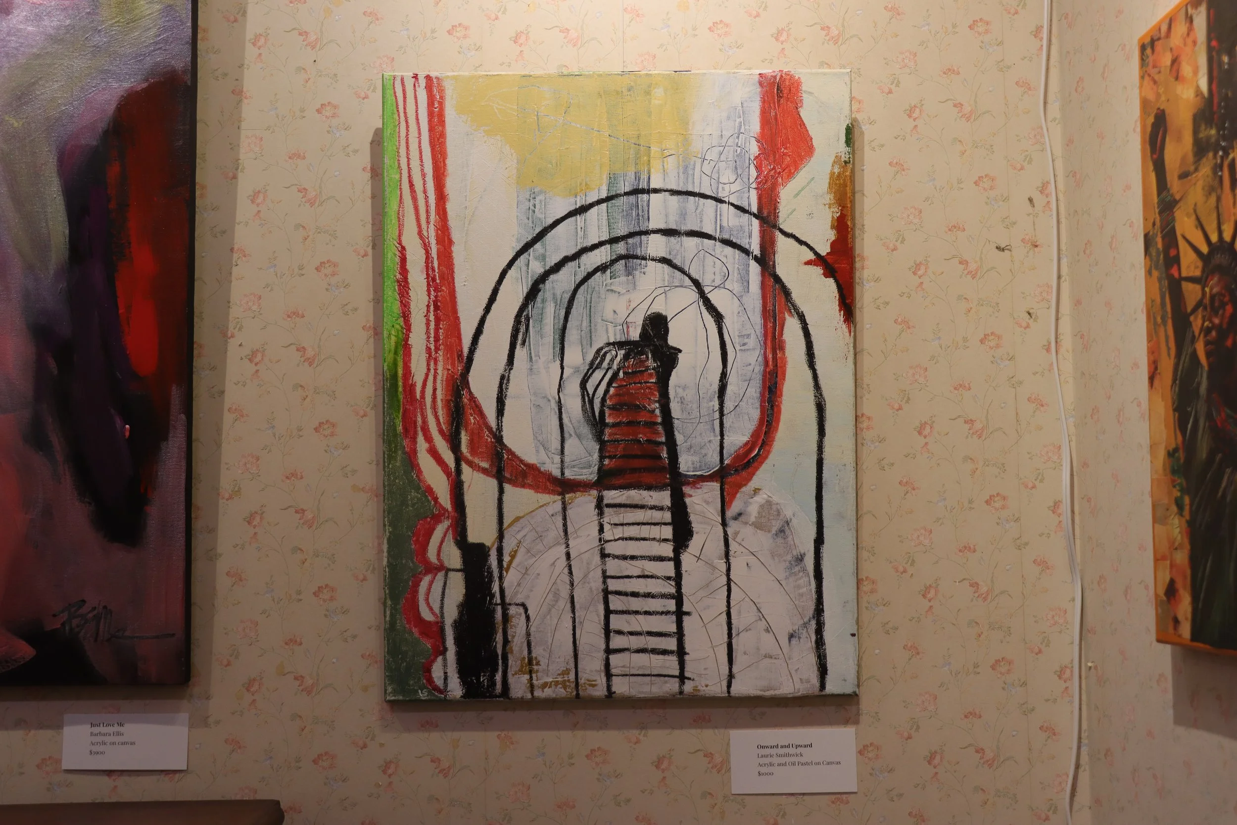 Abstract painting on canvas titled 'Onward and Upward' featuring a figure walking up a staircase through concentric arches with red, yellow, gray, and black colors.