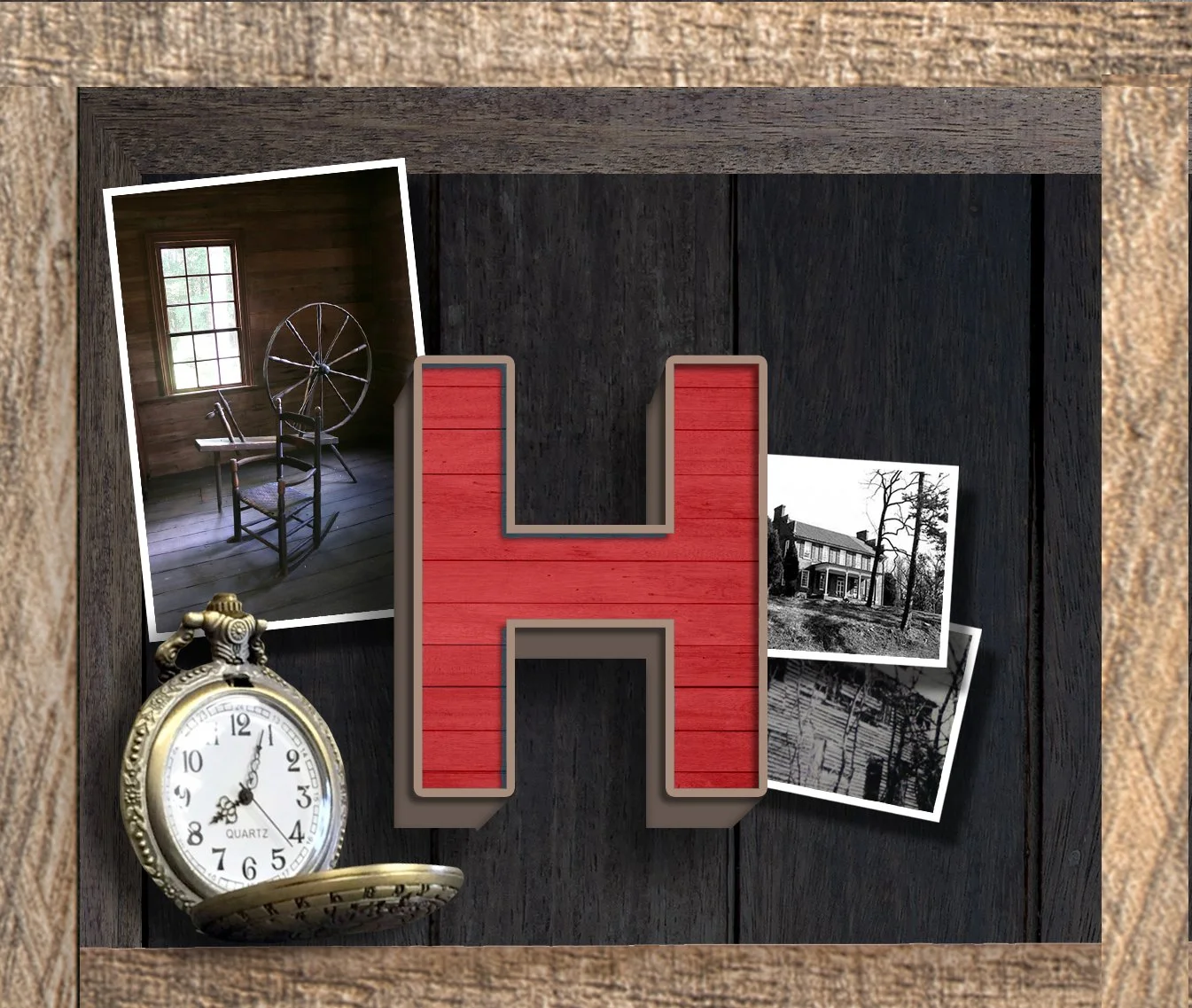 A wooden desk with a large red letter H, old black and white photographs, and a pocket watch.