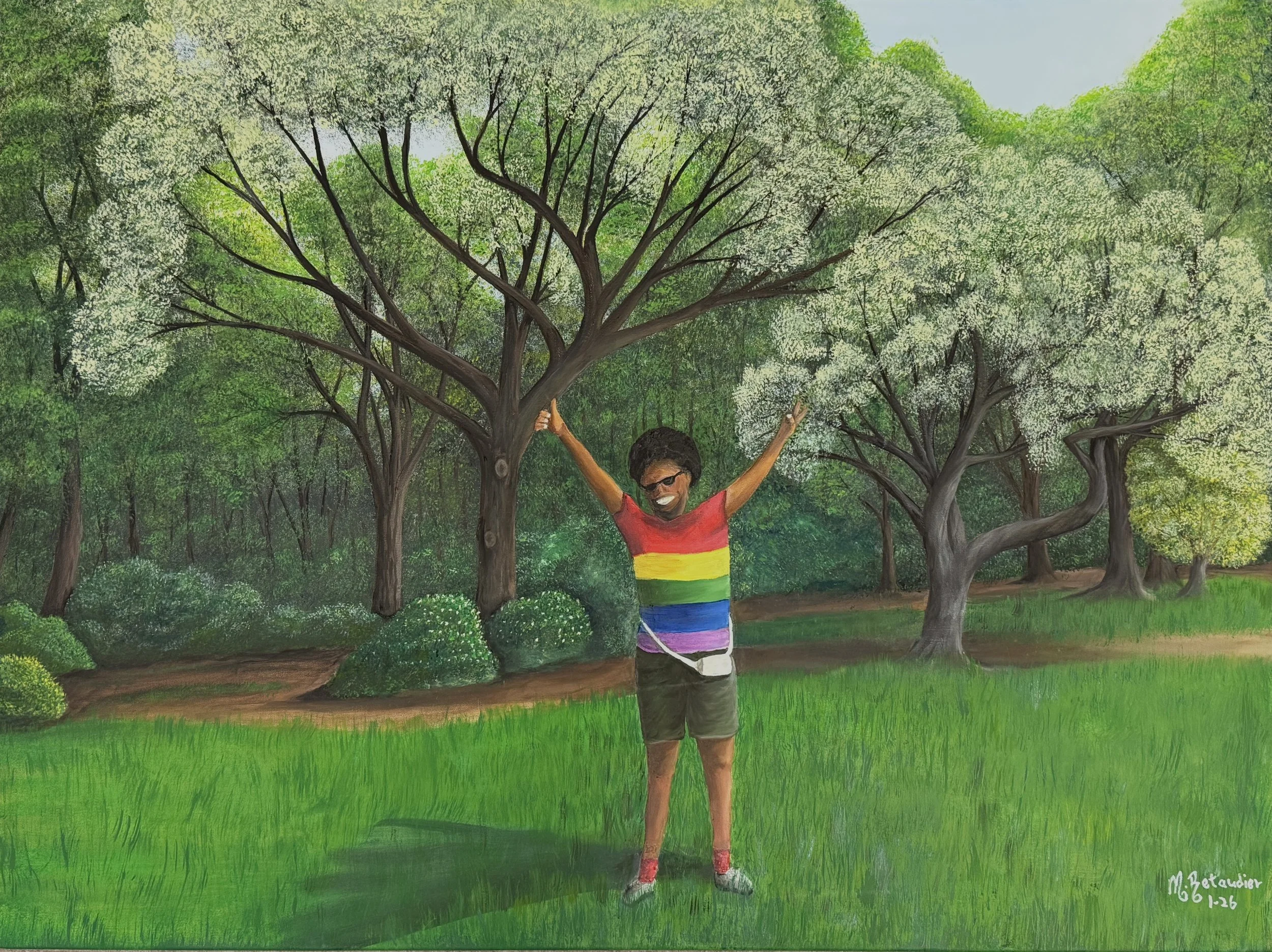 A painting of a woman in a red top with rainbow-colored stripes and shorts, standing among trees with outstretched arms.