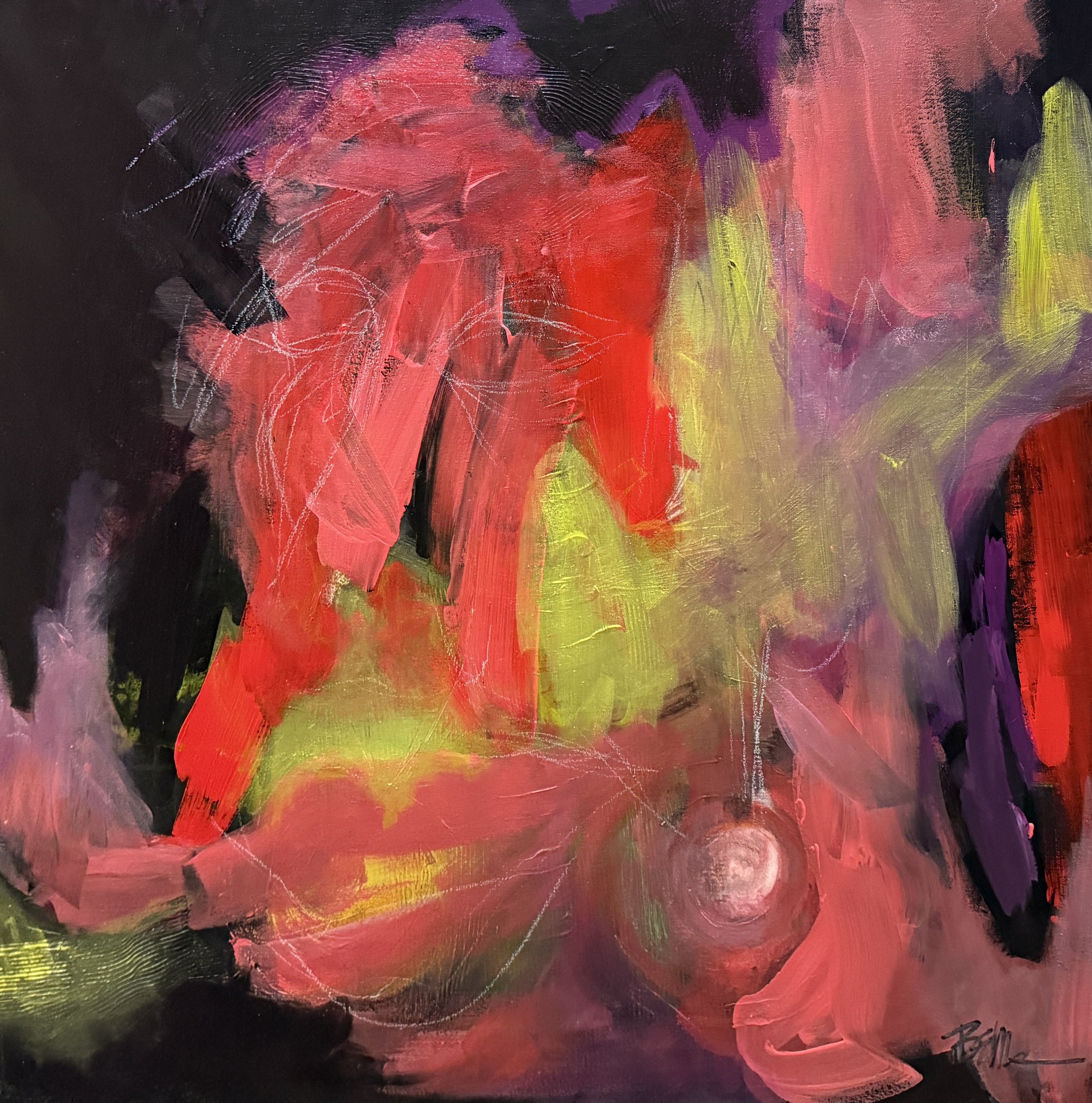 Abstract painting with bold red, pink, purple, yellow, and black brushstrokes and textures