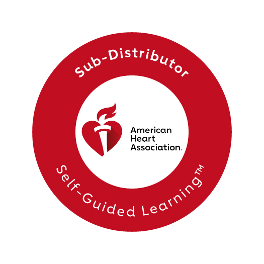 Red circular logo with black inner circle containing the American Heart Association logo of a torch inside a red heart, surrounded by the words 'Sub-Distributor' and 'Self Guided Learning' to indicate availability of hybrid learning for CPR classes.