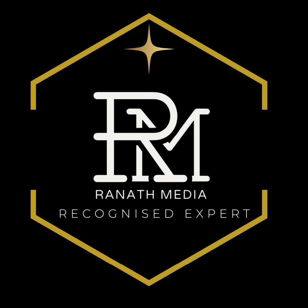 Black and gold hexagonal logo with RM initials, a star, and the text Ranath Media Recognised Expert below.