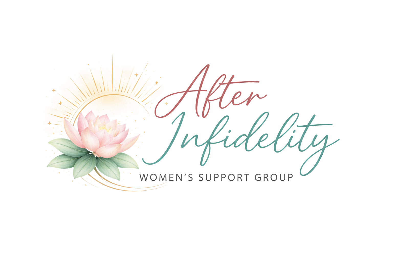 Logo with a lotus flower, golden sun rays, and the text After Infidelity Women’s Support Group in elegant script.