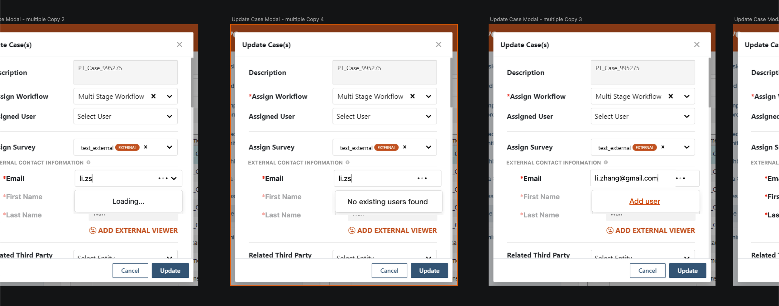 Saving time and clicks by utilizing type ahead feature on a search field. If the user already exists, you will see immediately. If not, then you can add them after entering their email.  (The most common scenario for user search was copy and paste) T